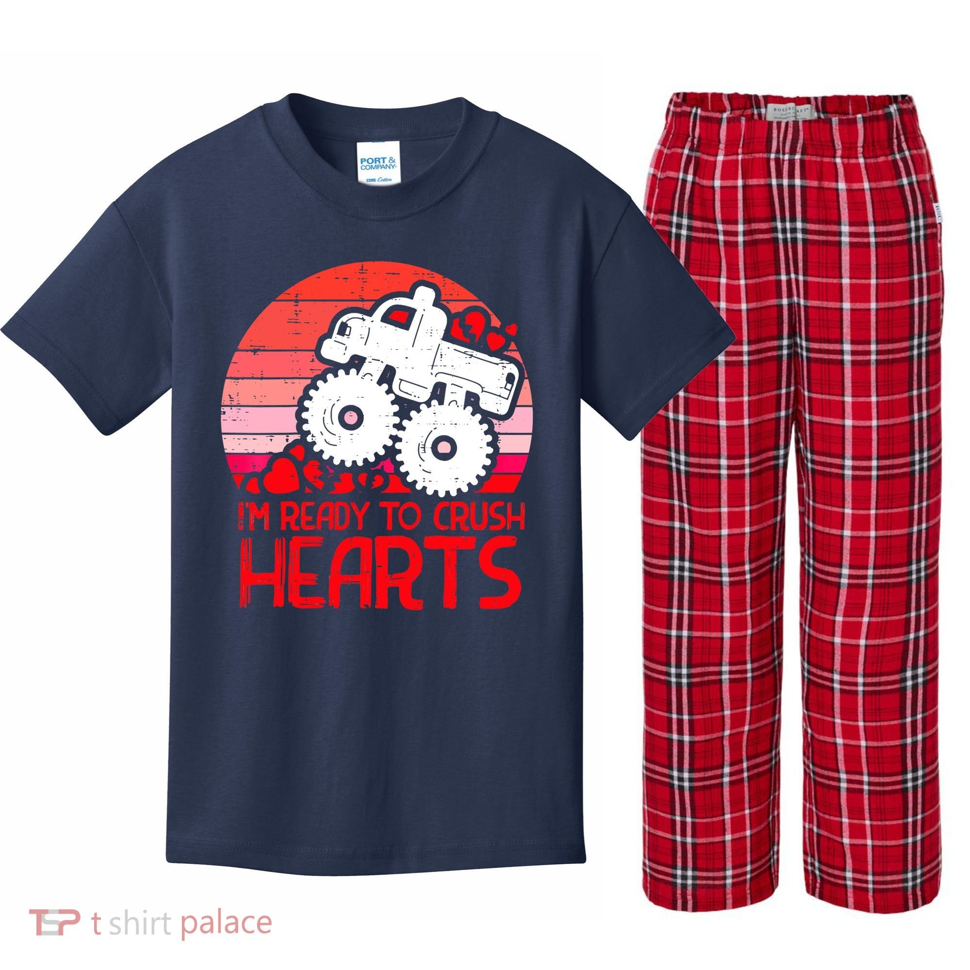 Ready To Crush Hearts Monster Truck Toddler Boys Valentine Kids Plaid Pajama Set