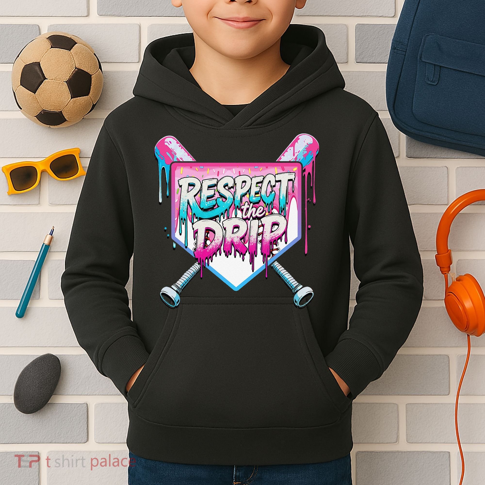 Respect The Drip Ice Cream Dripping Baseball Home Plate Kids Hoodie