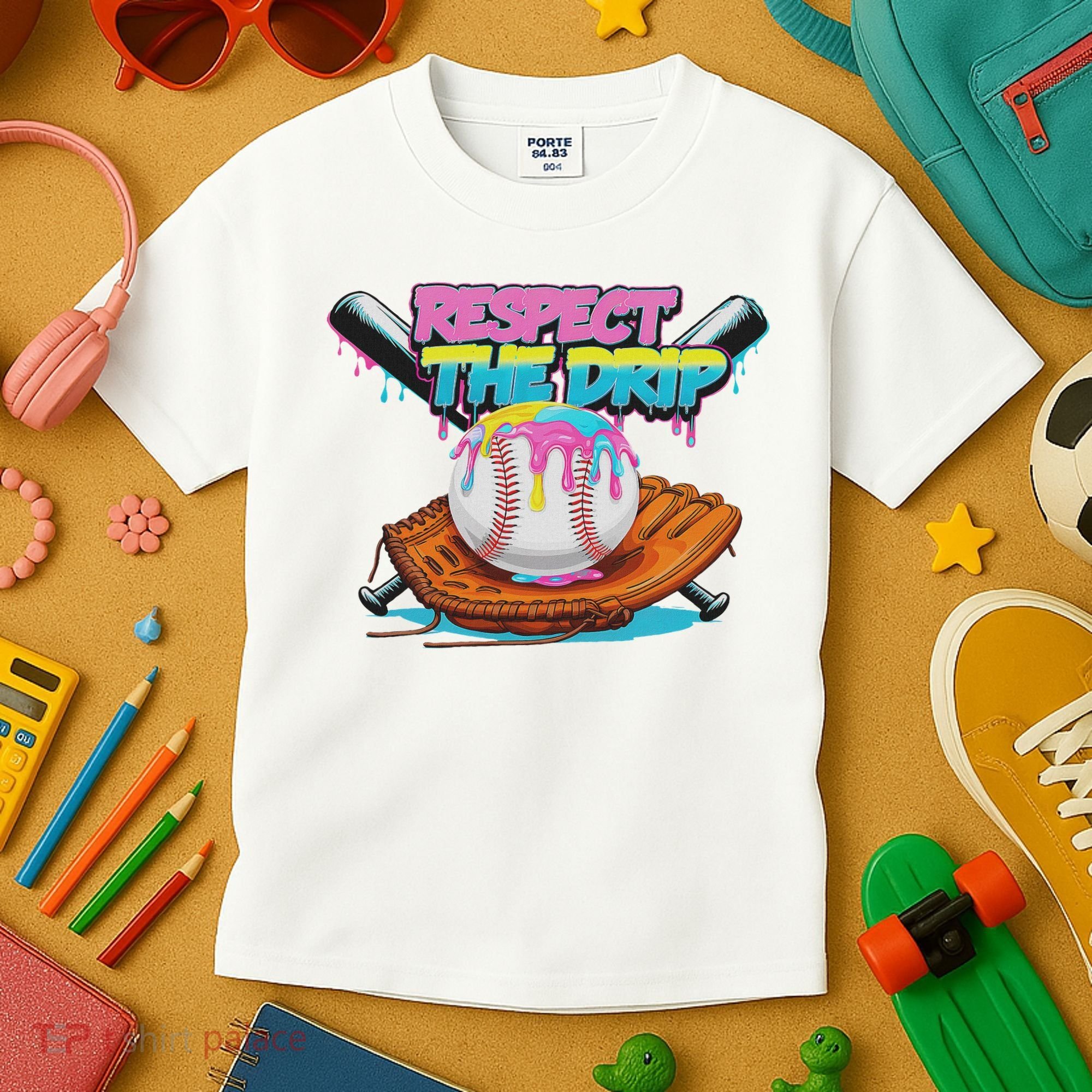 Respect The Drip Baseball Bat Glove Ice Cream Drip Kids T-Shirt