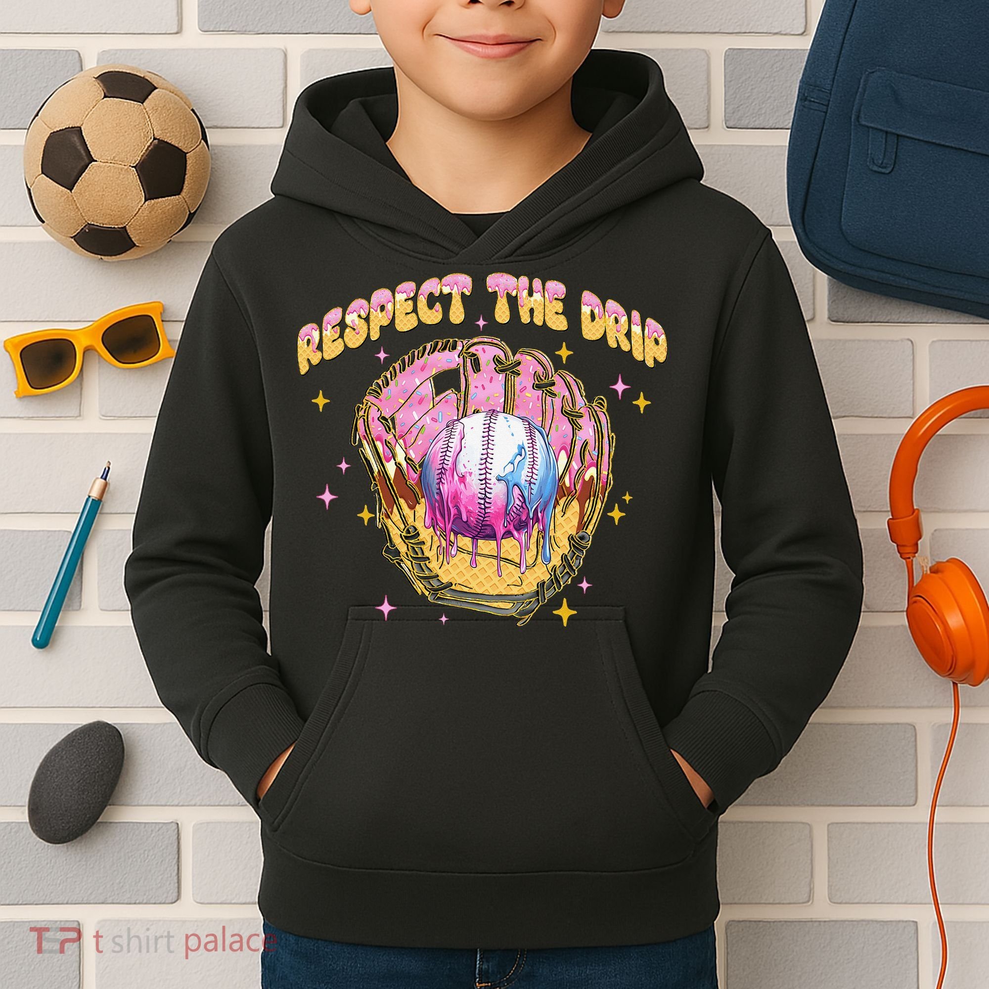 Respect The Drip Baseball Ice Cream Sport Game Day Kids Hoodie