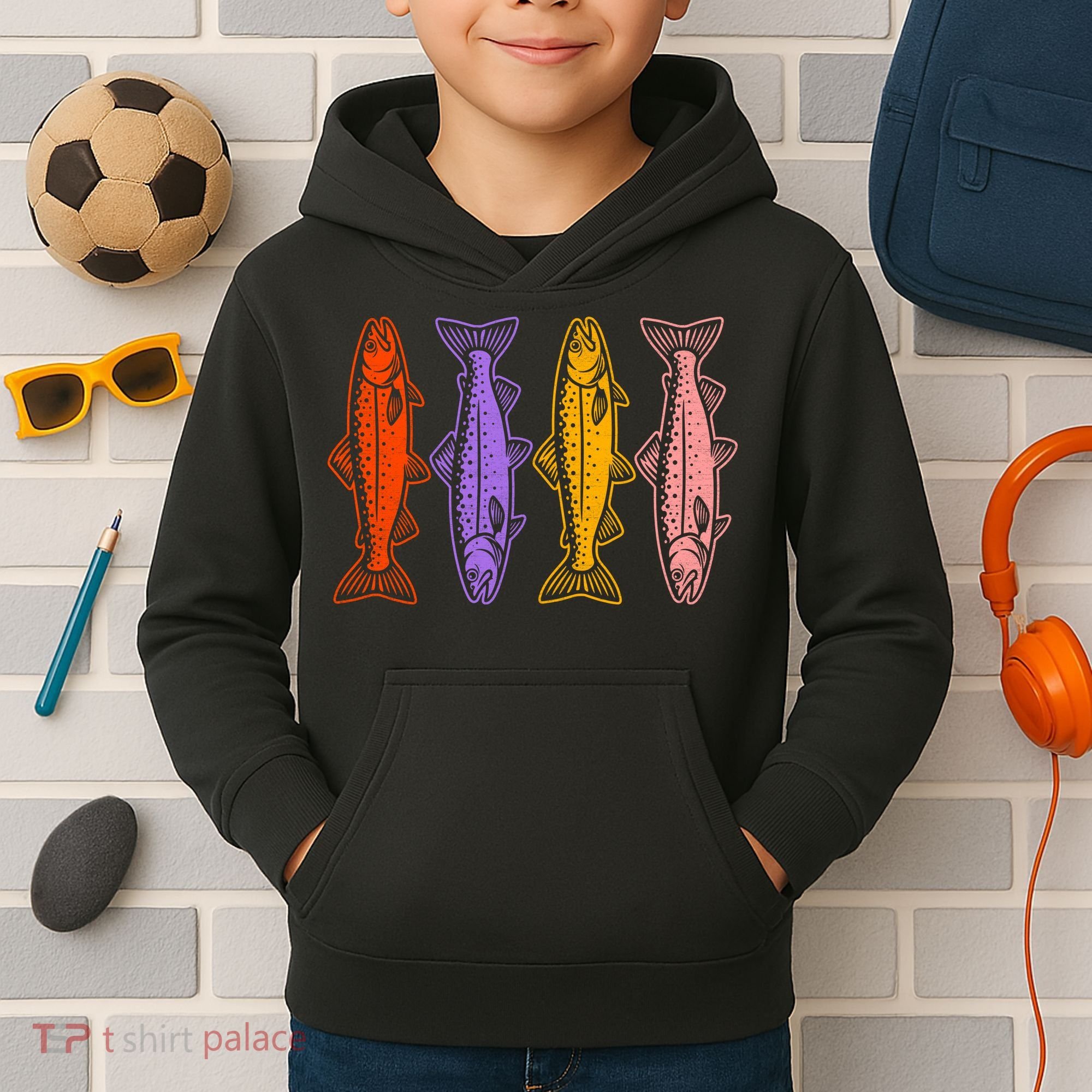 Rainbow Trout Fish Retro 80s Kids Hoodie