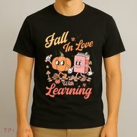Retro Teacher Fall In Love With Learning Autumn Thanksgiving T-Shirt thumb 3