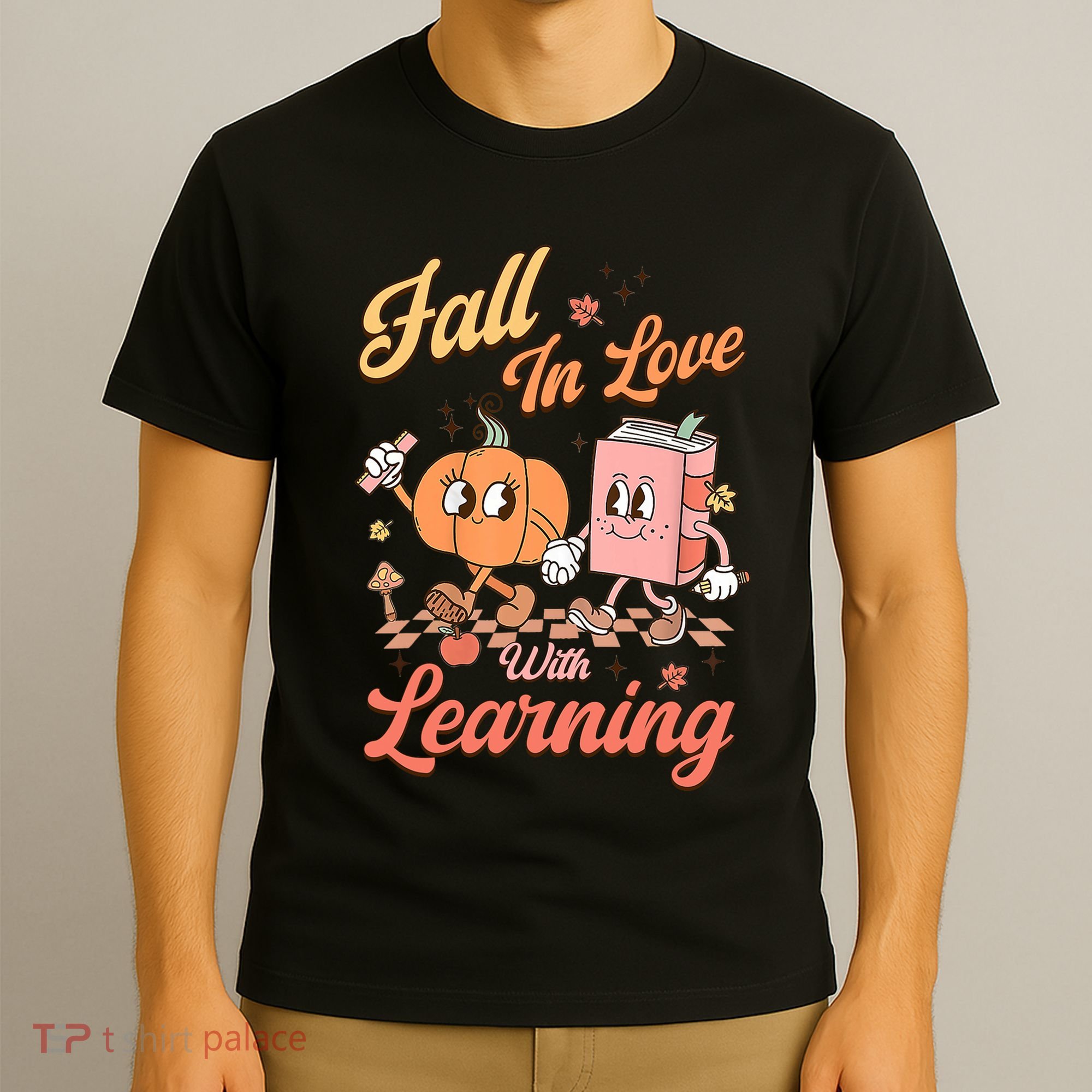 Retro Teacher Fall In Love With Learning Autumn Thanksgiving T-Shirt