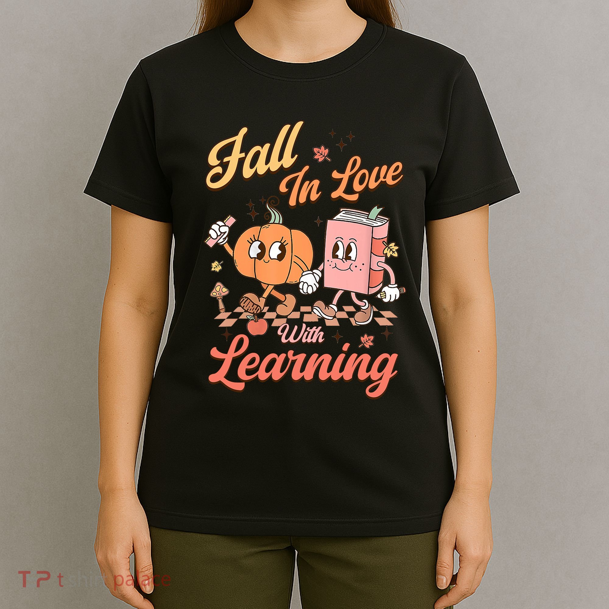Retro Teacher Fall In Love With Learning Autumn Thanksgiving T-Shirt