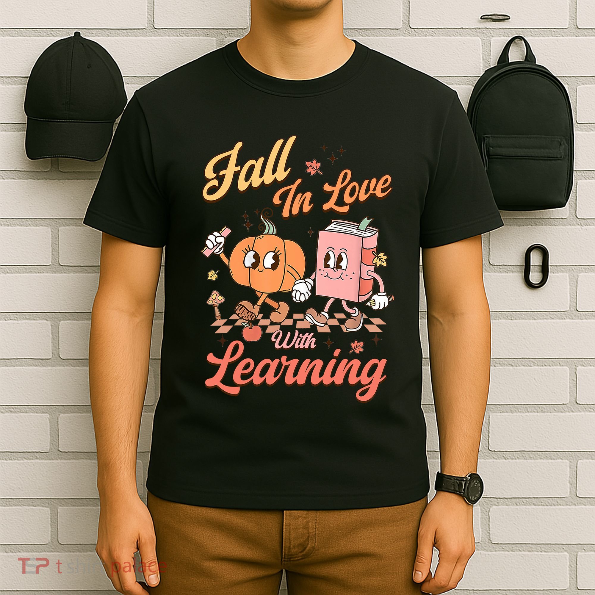 Retro Teacher Fall In Love With Learning Autumn Thanksgiving T-Shirt
