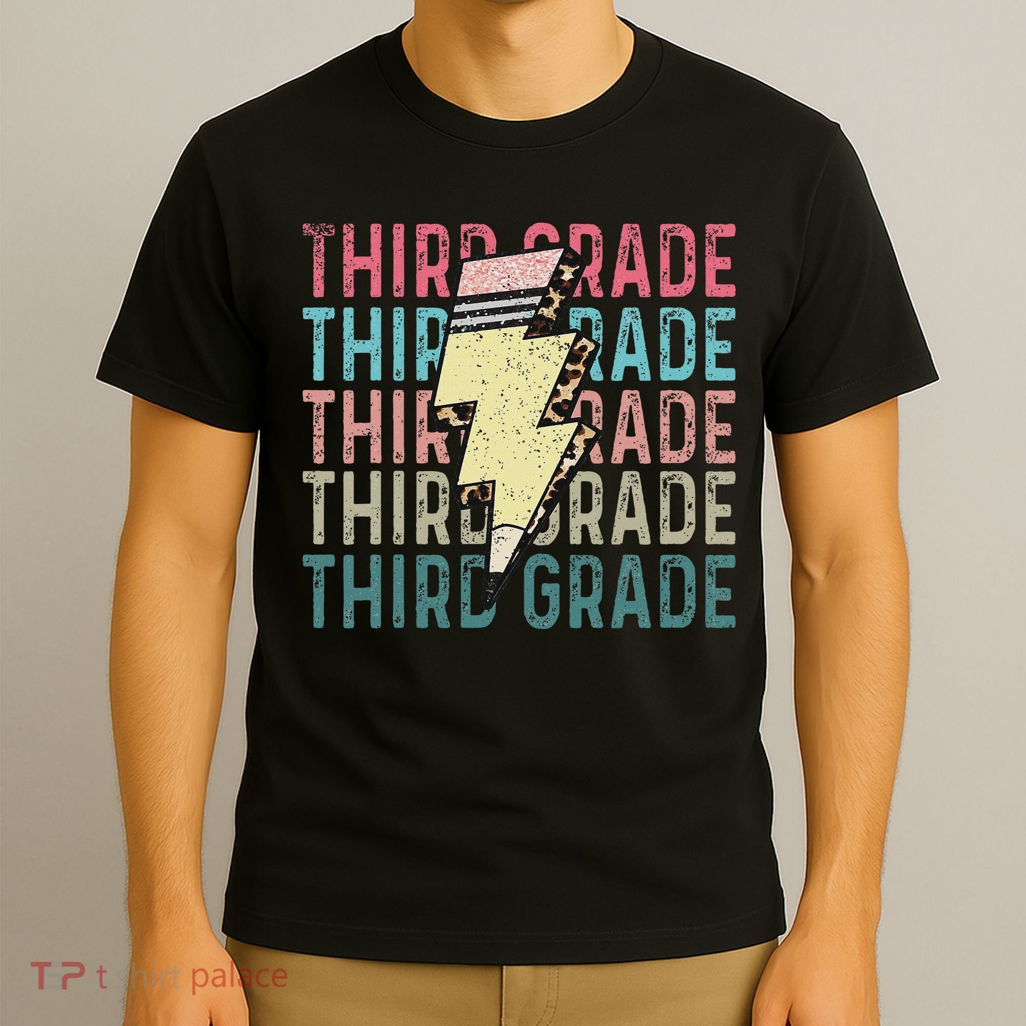 Retro Third Grade Teacher Lightning Bolt Pencil Teacher T-Shirt