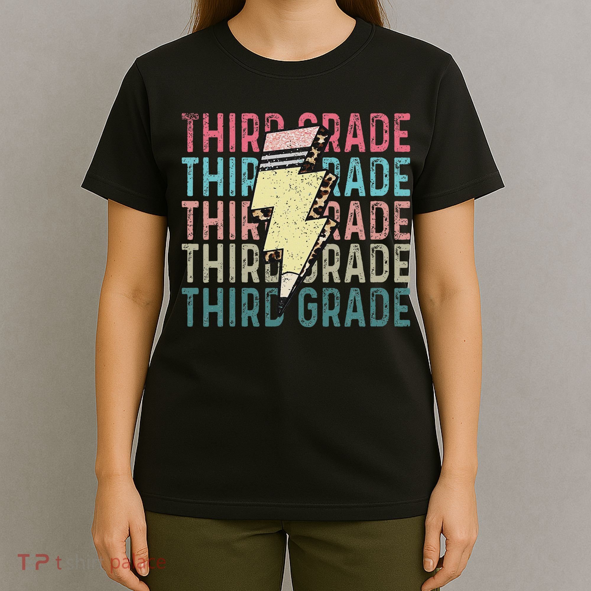 Retro Third Grade Teacher Lightning Bolt Pencil Teacher T-Shirt
