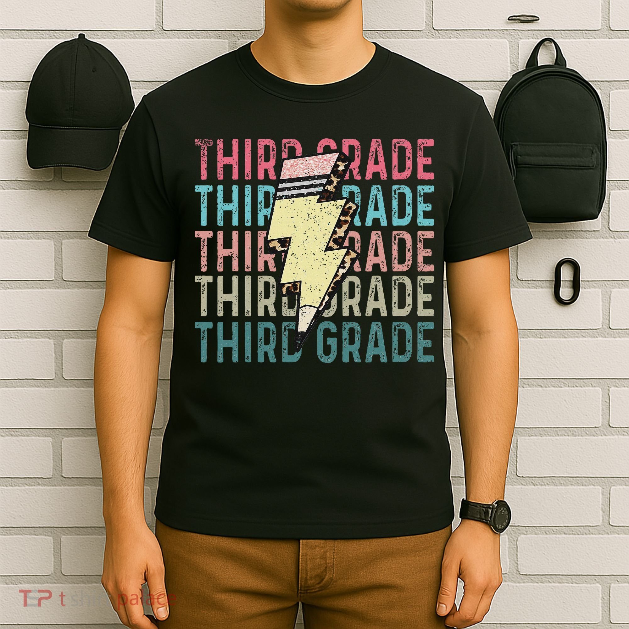Retro Third Grade Teacher Lightning Bolt Pencil Teacher T-Shirt