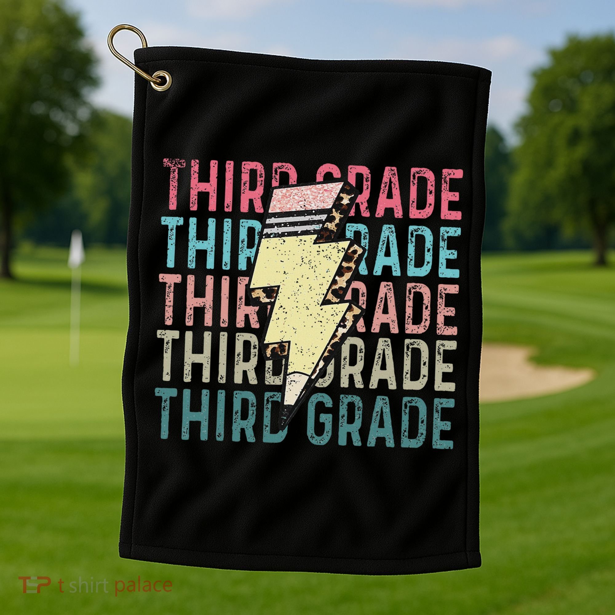 Retro Third Grade Teacher Lightning Bolt Pencil Teacher Golf Towel