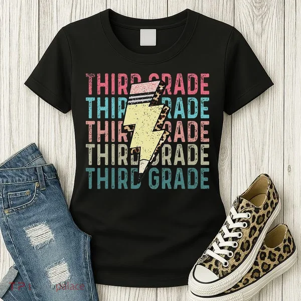 Retro Third Grade Teacher Lightning Bolt Pencil Teacher Women's T-Shirt