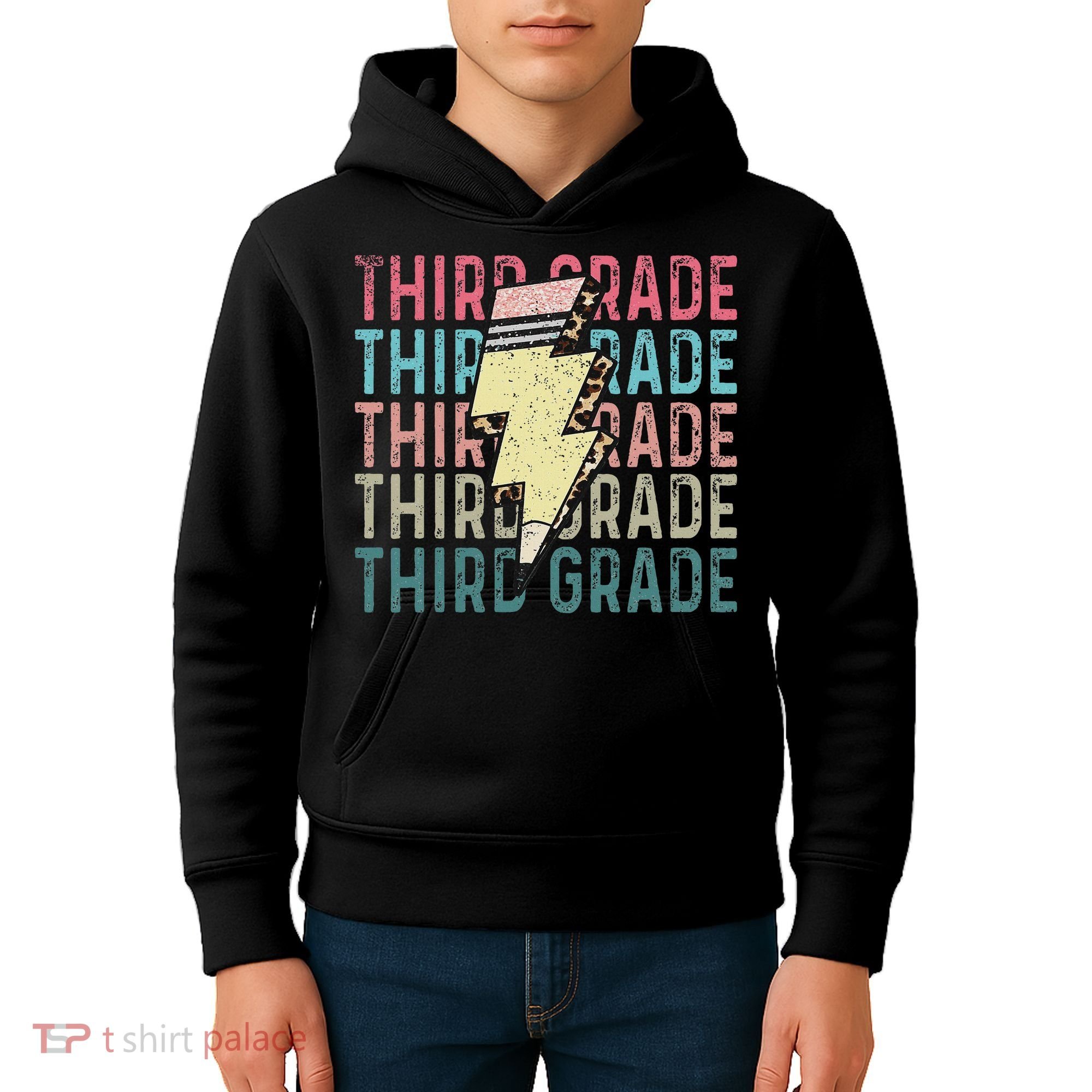 Retro Third Grade Teacher Lightning Bolt Pencil Teacher Kids Hoodie