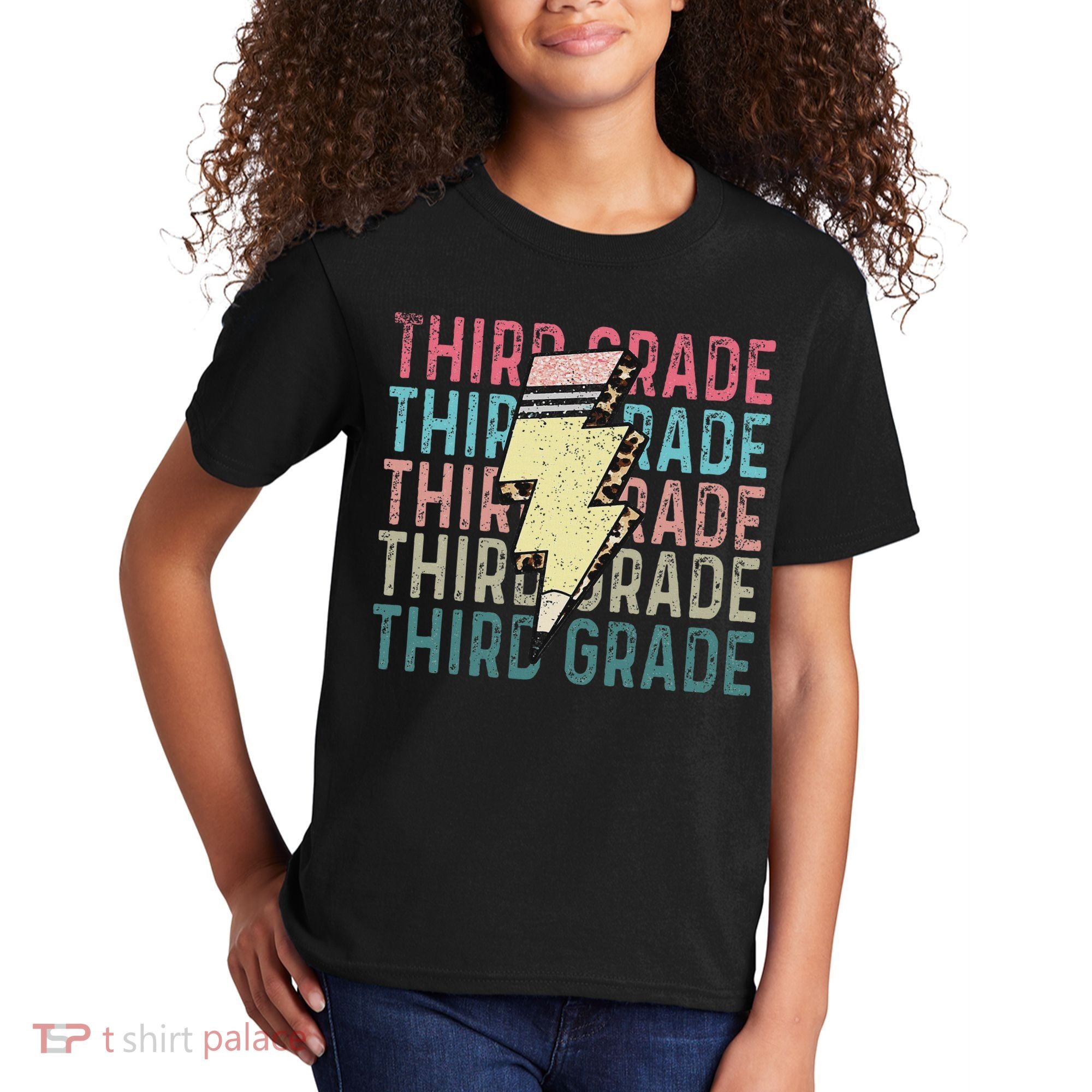 Retro Third Grade Teacher Lightning Bolt Pencil Teacher Kids T-Shirt