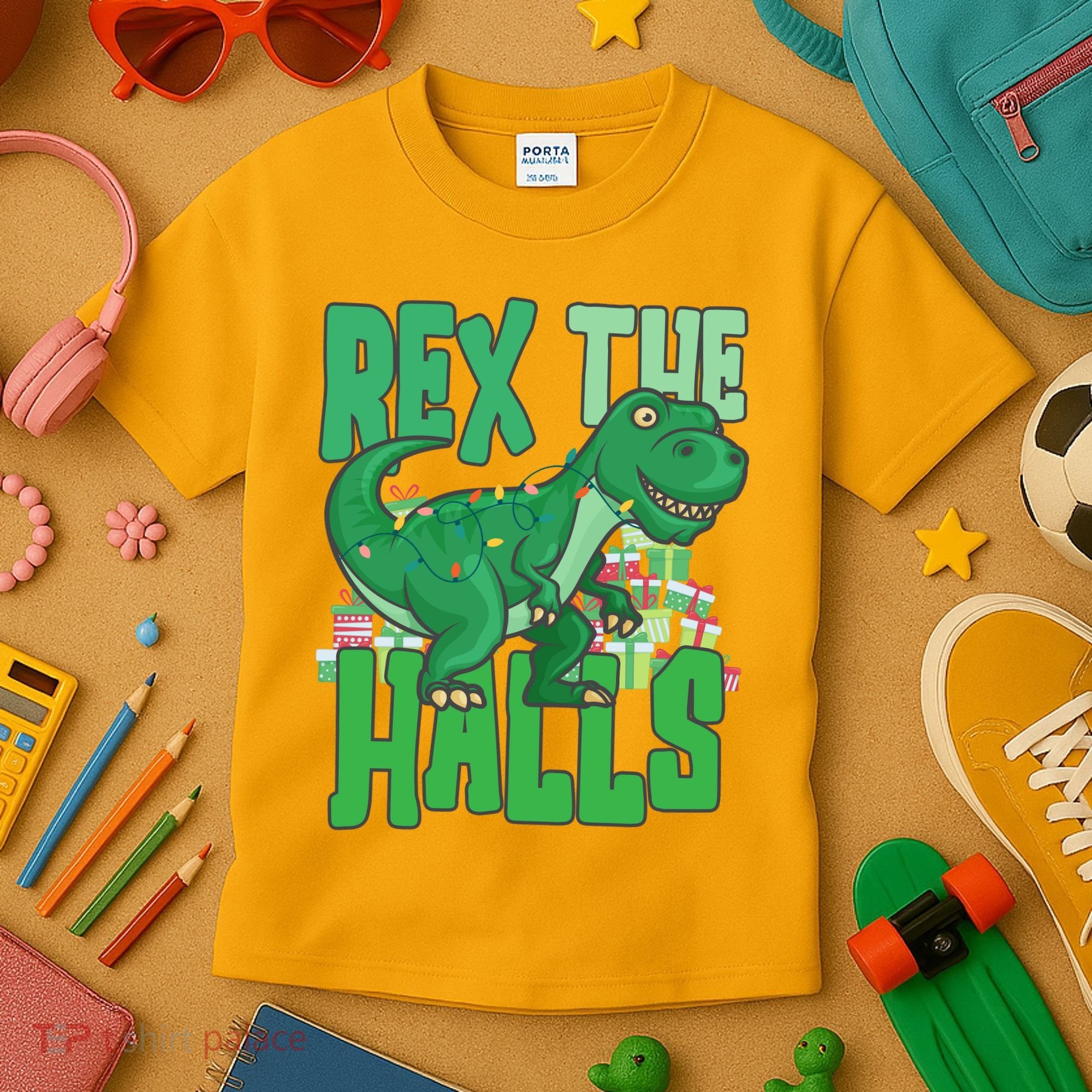 Rex The Halls Dinosaur Christmas Kids T-Shirt