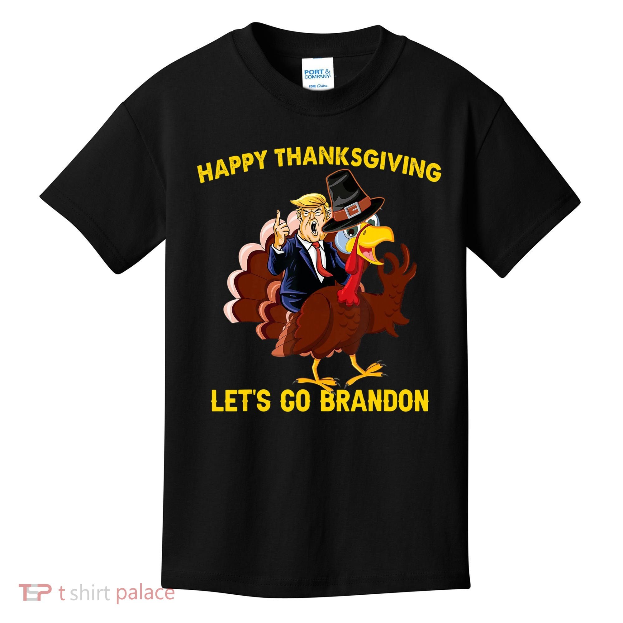 Riding Turkey Happy Thanksgiving Lets Go Brandon Trump Kids T-Shirt