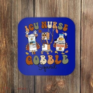 Retro Thanksgiving Icu Nurse Gobble Squad Turkey Autumn Rn Gift Coaster
