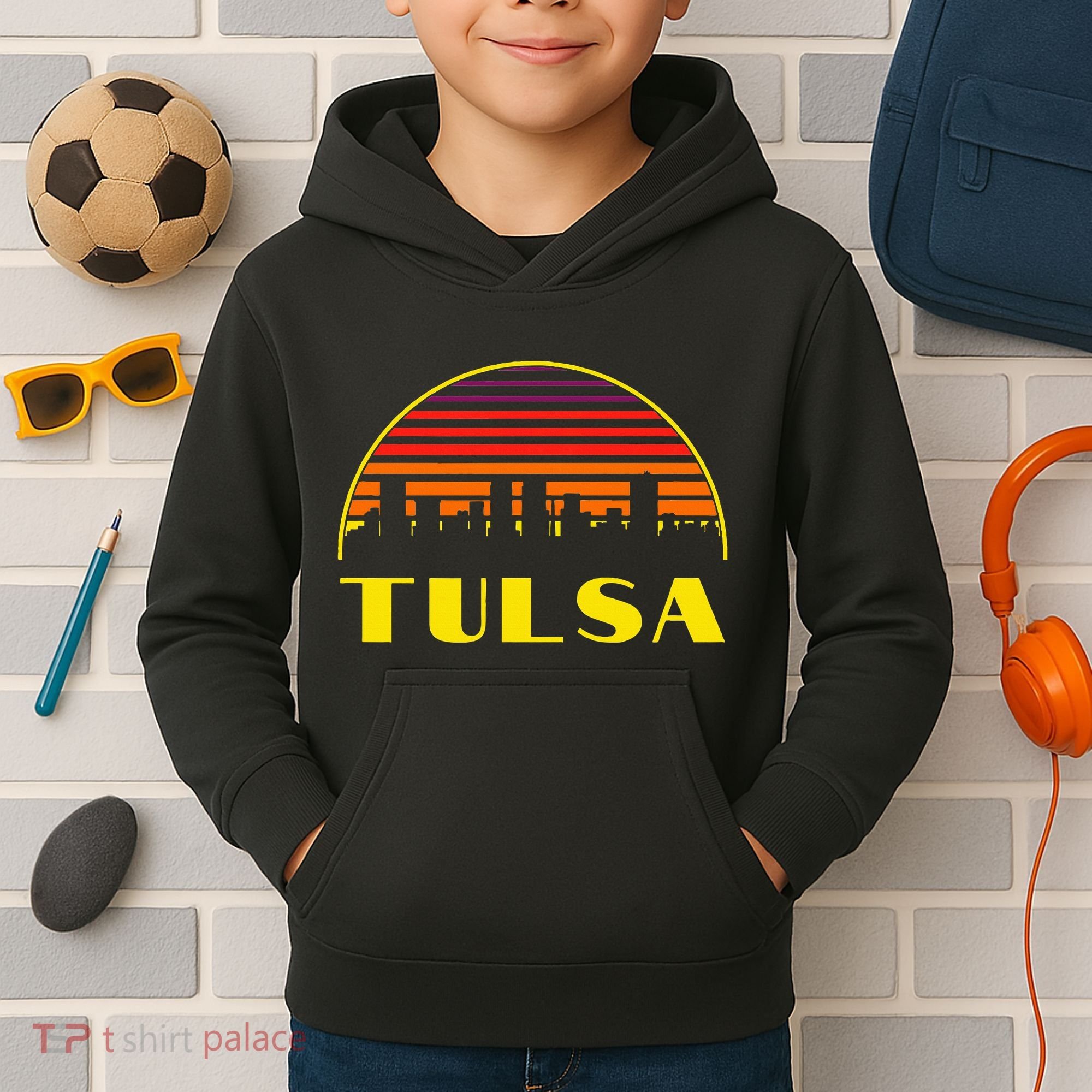 Retro Tulsa Oklahoma Downtown Skyline Kids Hoodie