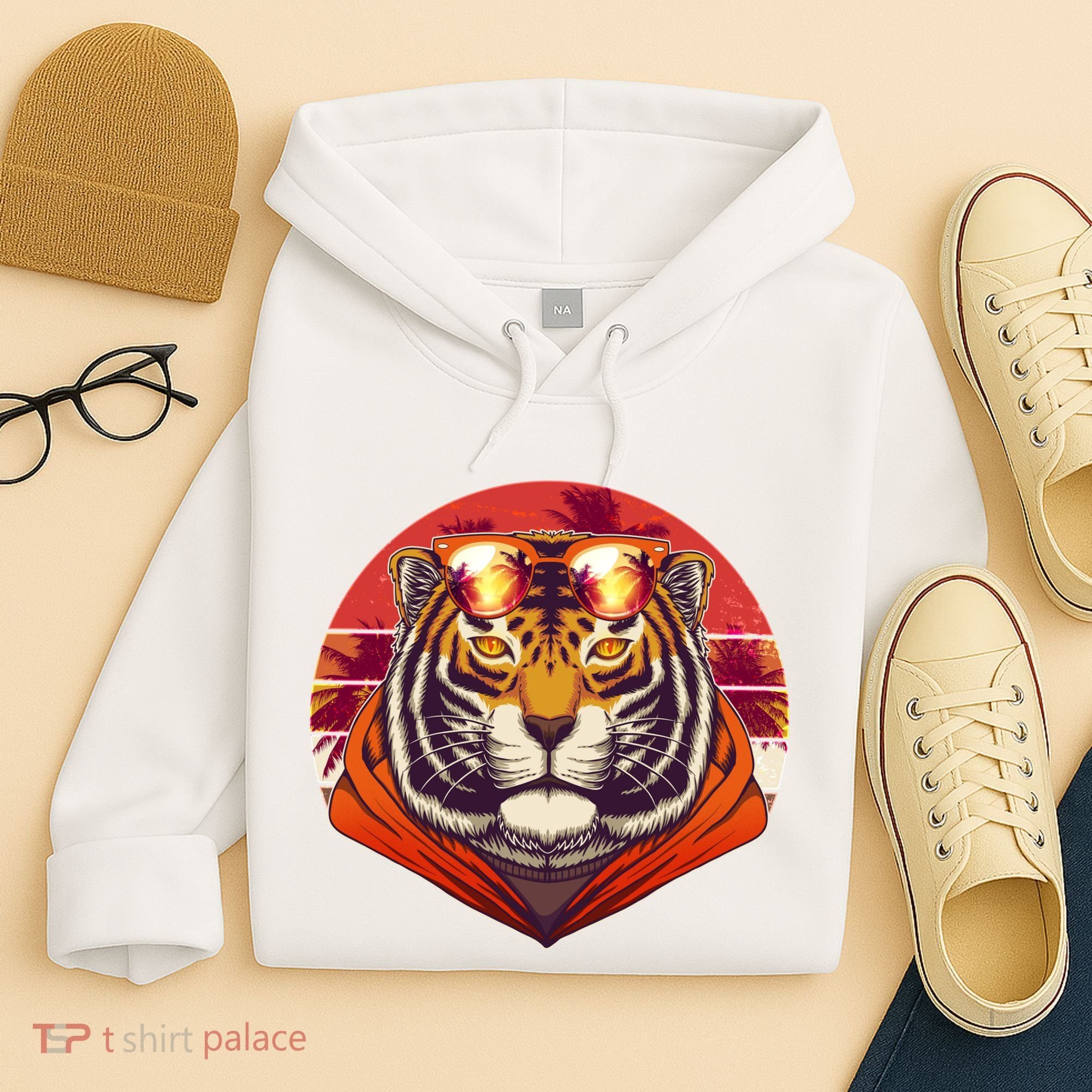 Retro Tropical Palm Tree Hipster Tiger Hoodie