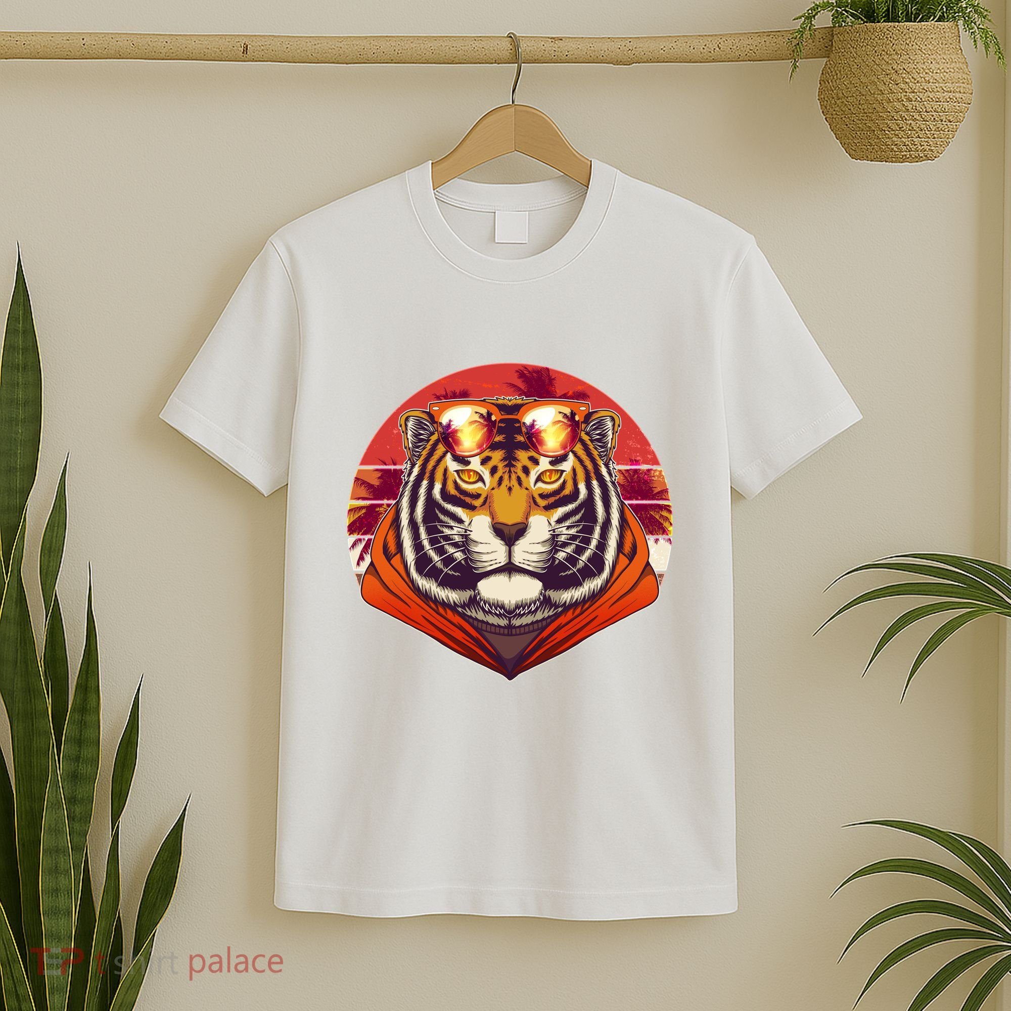 Retro Tropical Palm Tree Hipster Tiger T-Shirt