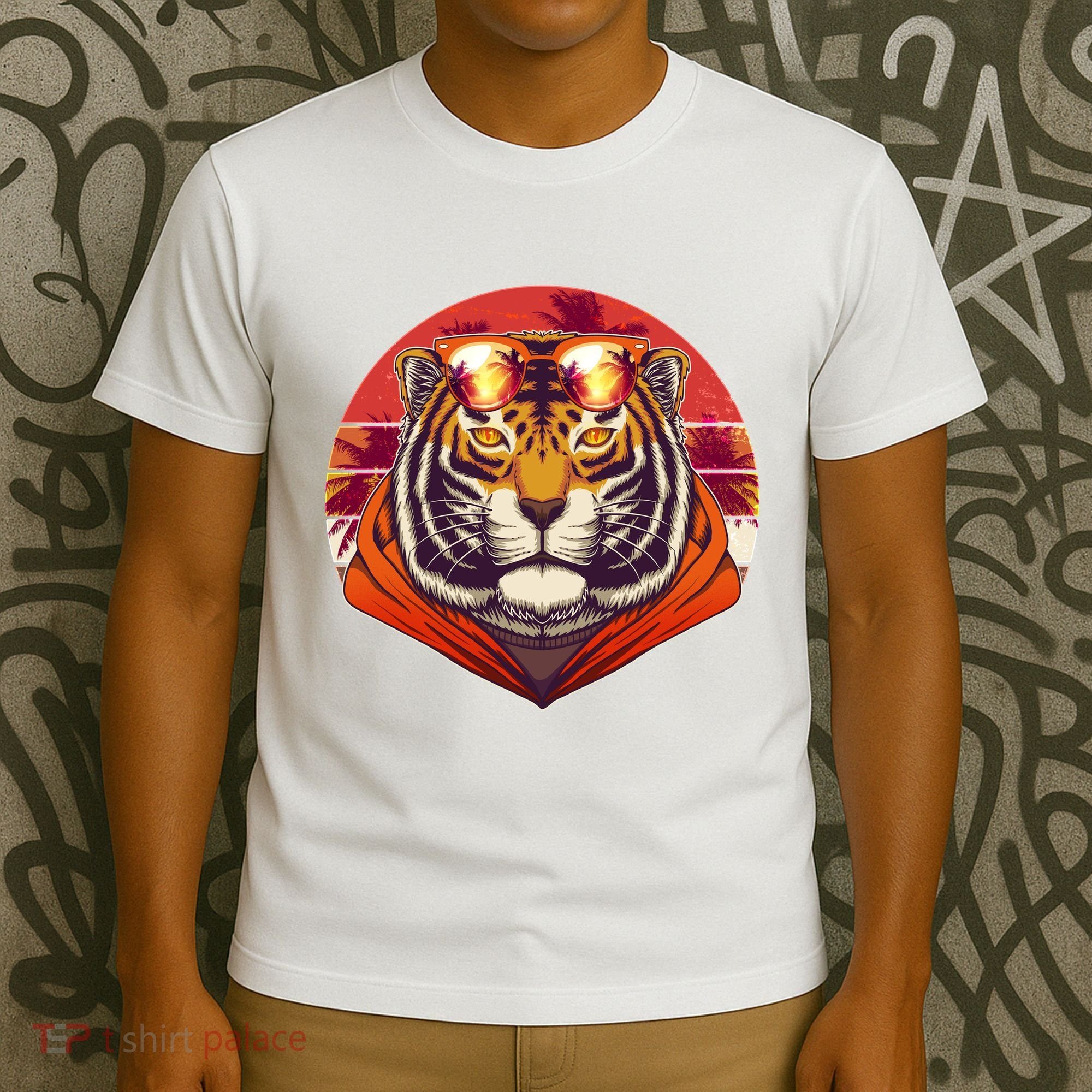 Retro Tropical Palm Tree Hipster Tiger T-Shirt