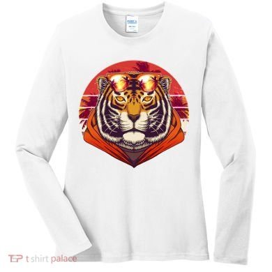 Retro Tropical Palm Tree Hipster Tiger Women's Long Sleeve Shirt