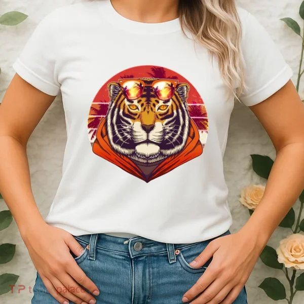 Retro Tropical Palm Tree Hipster Tiger Women's T-Shirt
