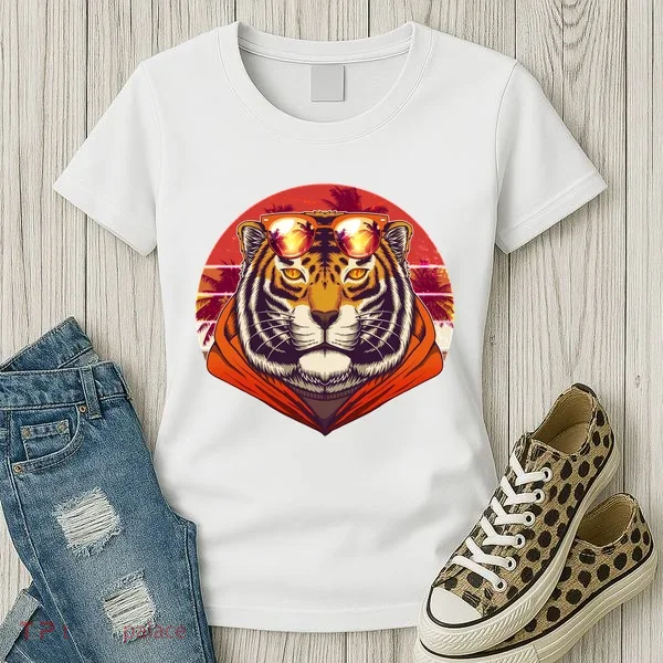 Retro Tropical Palm Tree Hipster Tiger Women's T-Shirt