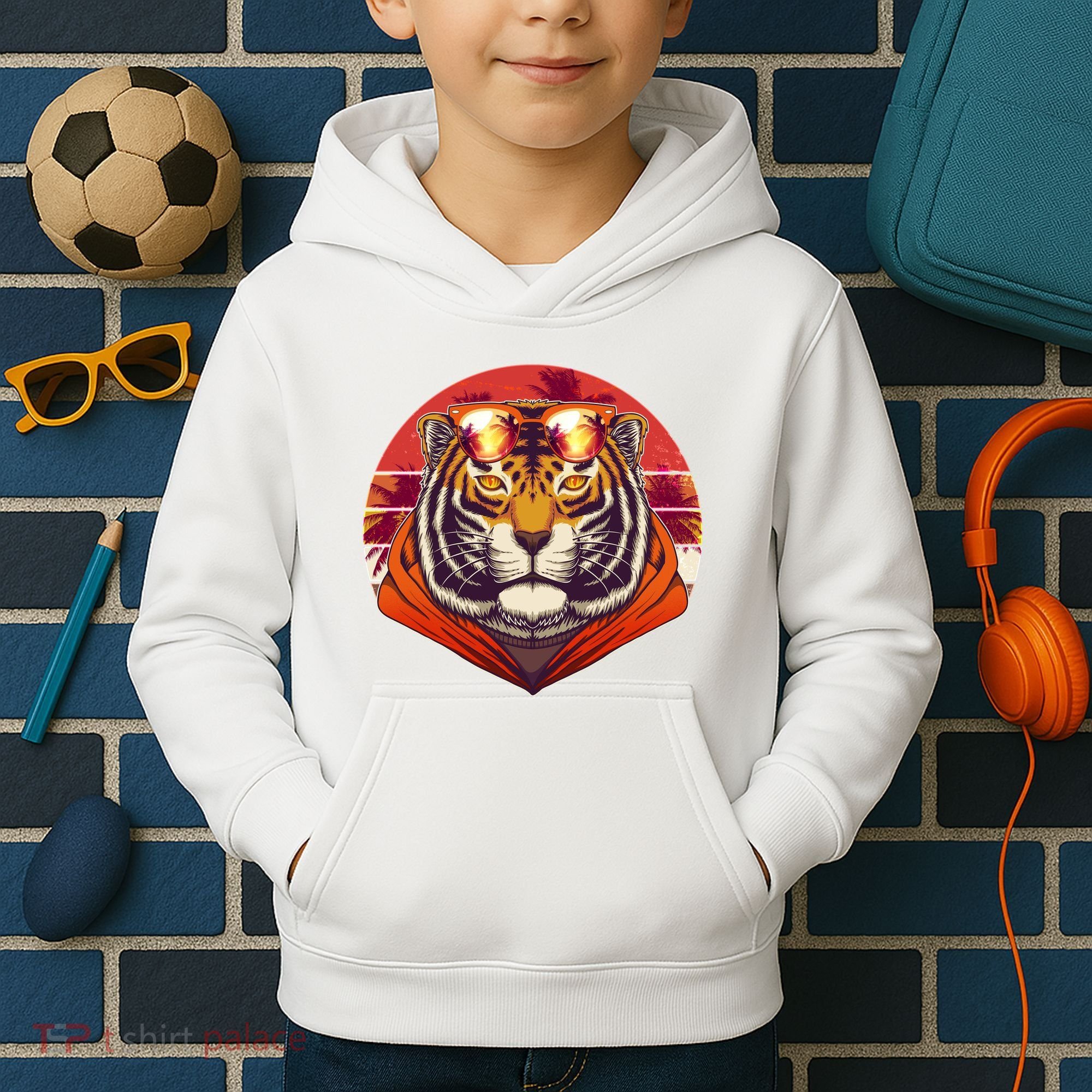 Retro Tropical Palm Tree Hipster Tiger Kids Hoodie
