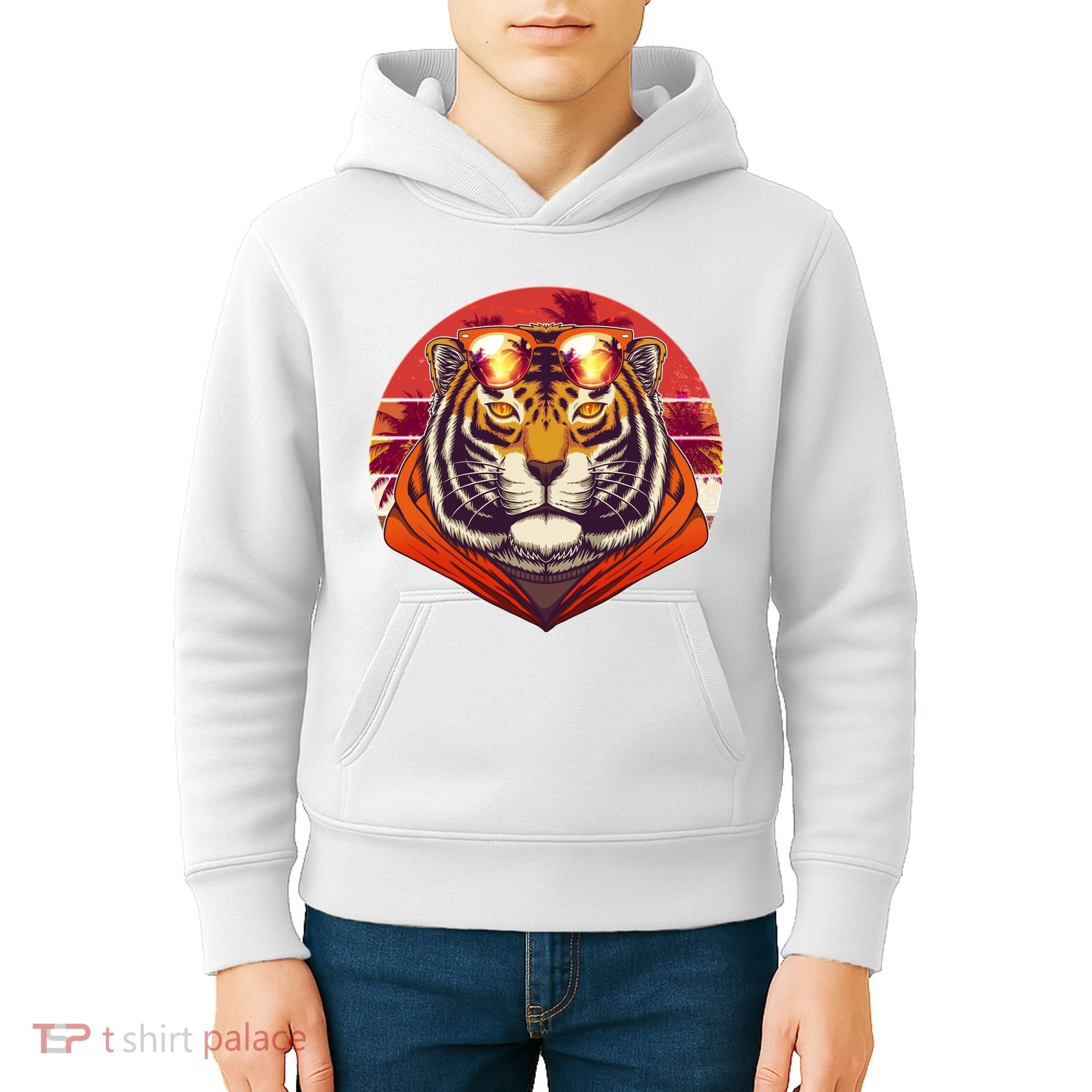 Retro Tropical Palm Tree Hipster Tiger Kids Hoodie