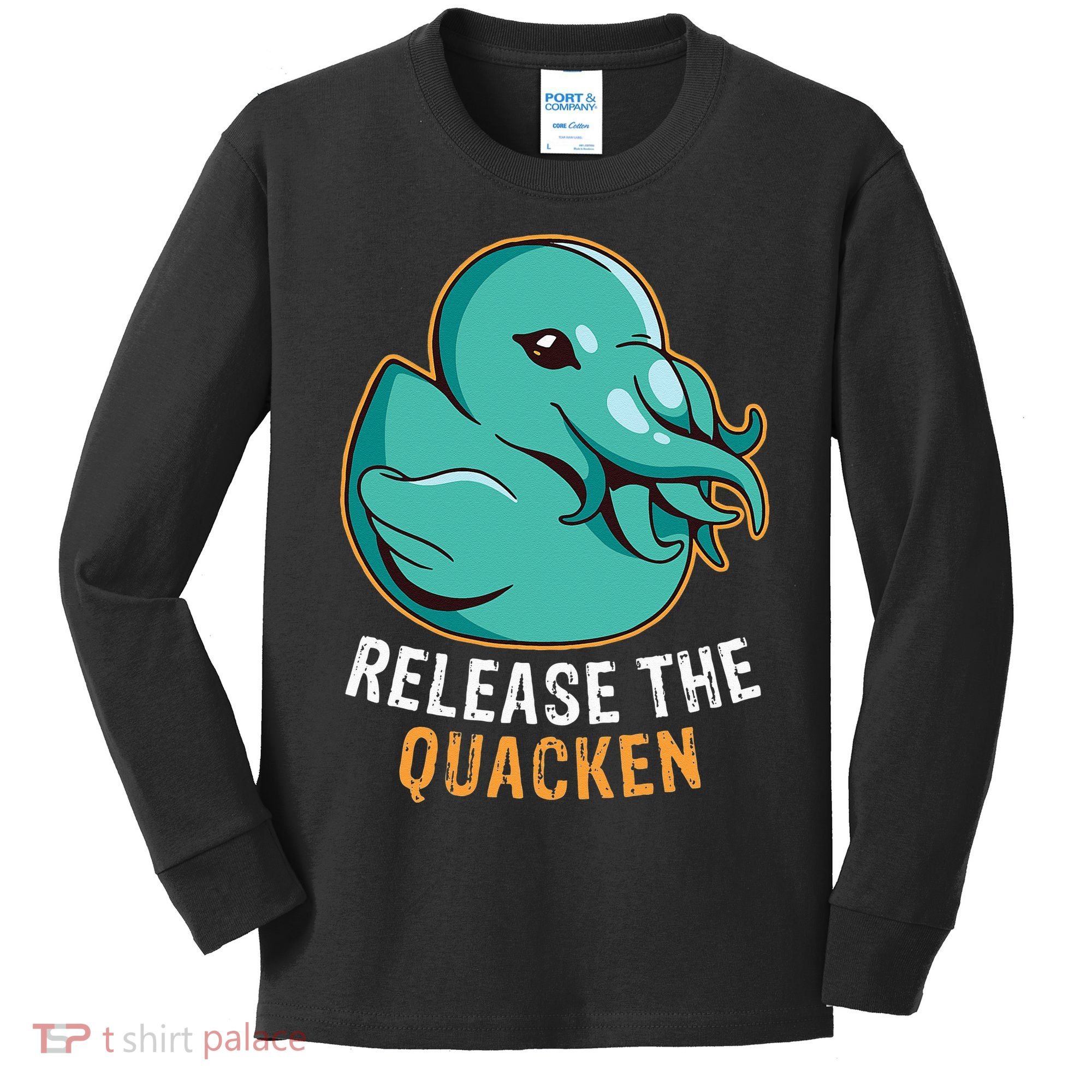 Release the Quacken a Funny Kraken Duck Kids Long Sleeve Shirt