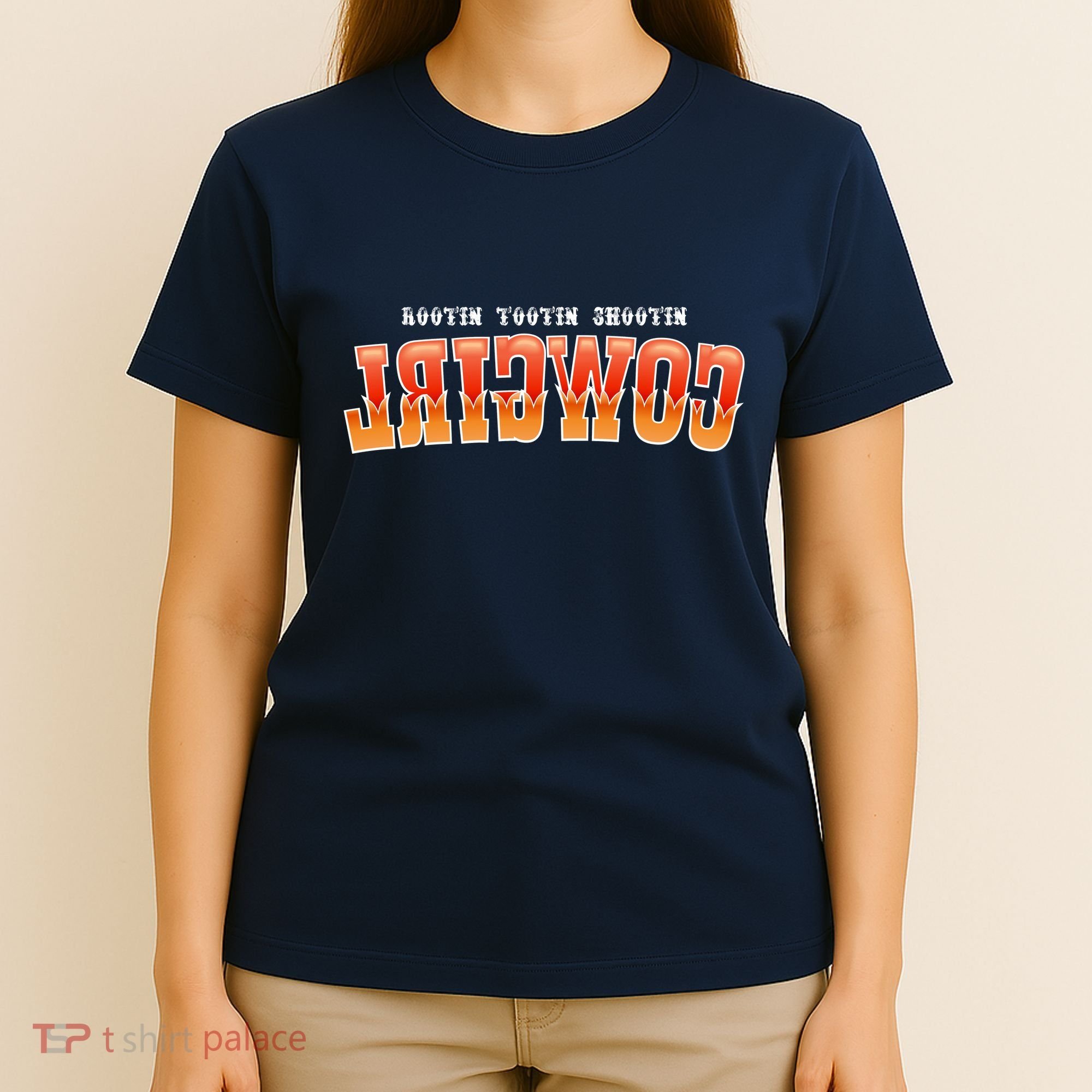 Rootin Tootin Shootin Reverse Cowgirl Western Logo T-Shirt