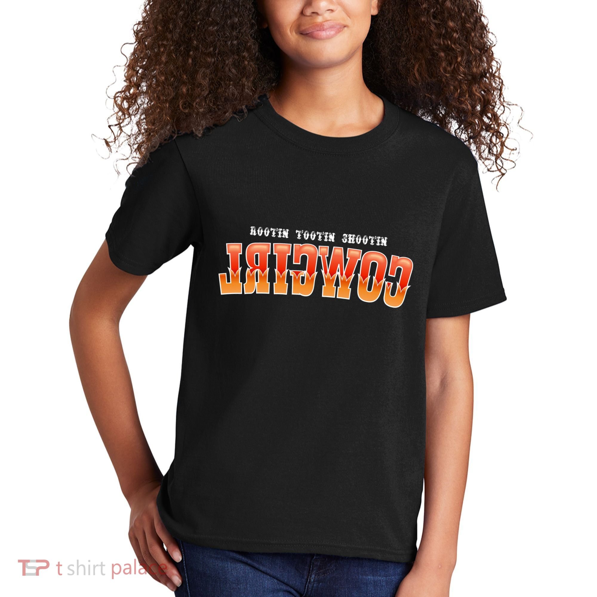 Rootin Tootin Shootin Reverse Cowgirl Western Logo Kids T-Shirt