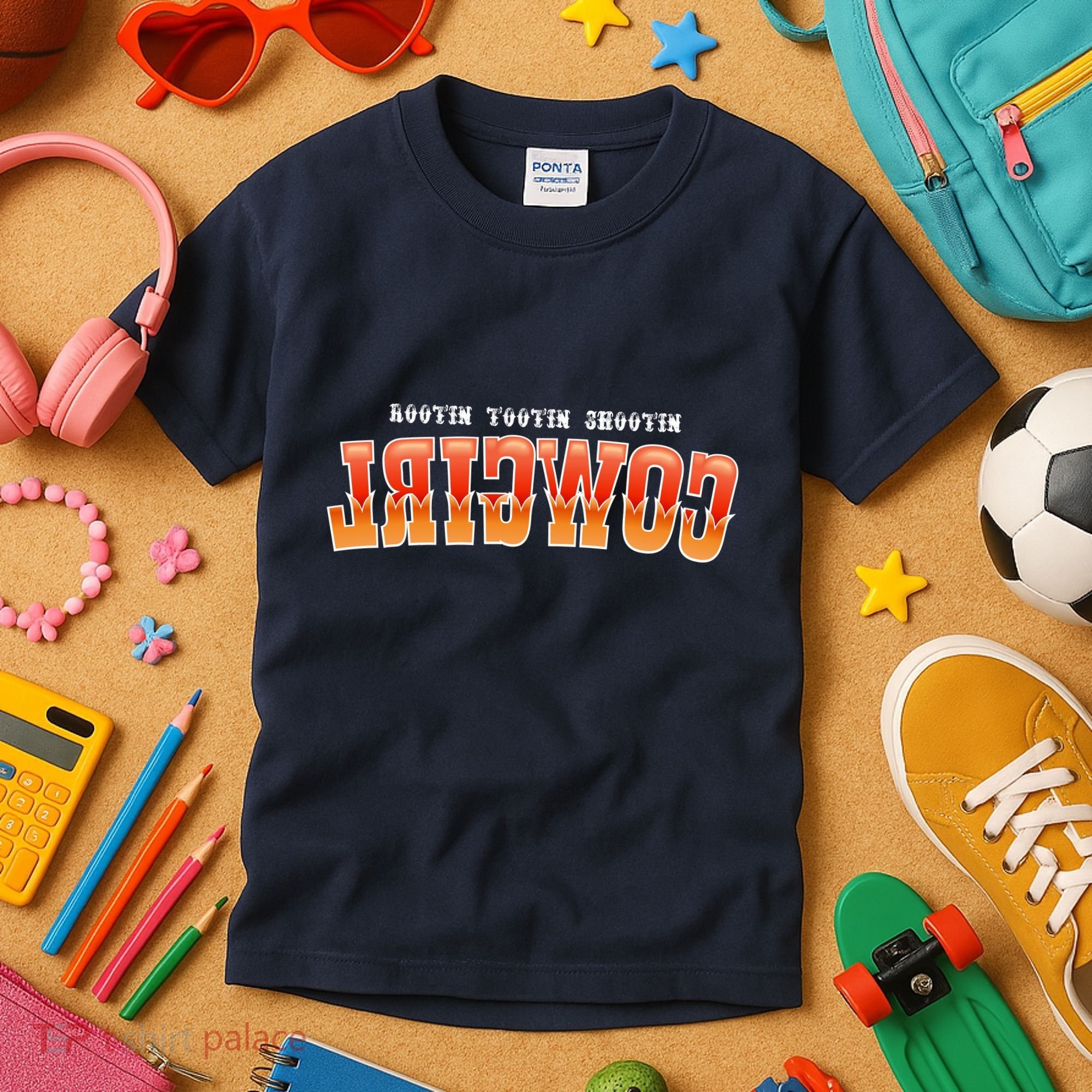 Rootin Tootin Shootin Reverse Cowgirl Western Logo Kids T-Shirt