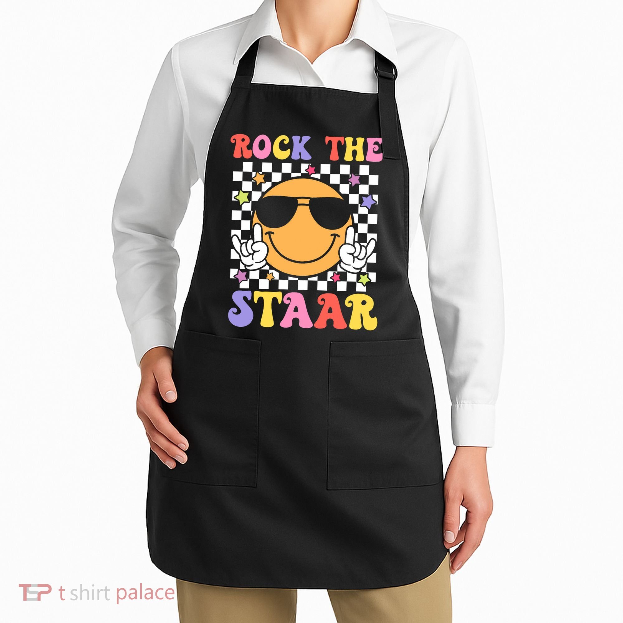 Rock The Staar Test Testing Day Smile Face Groovy Teacher  Apron