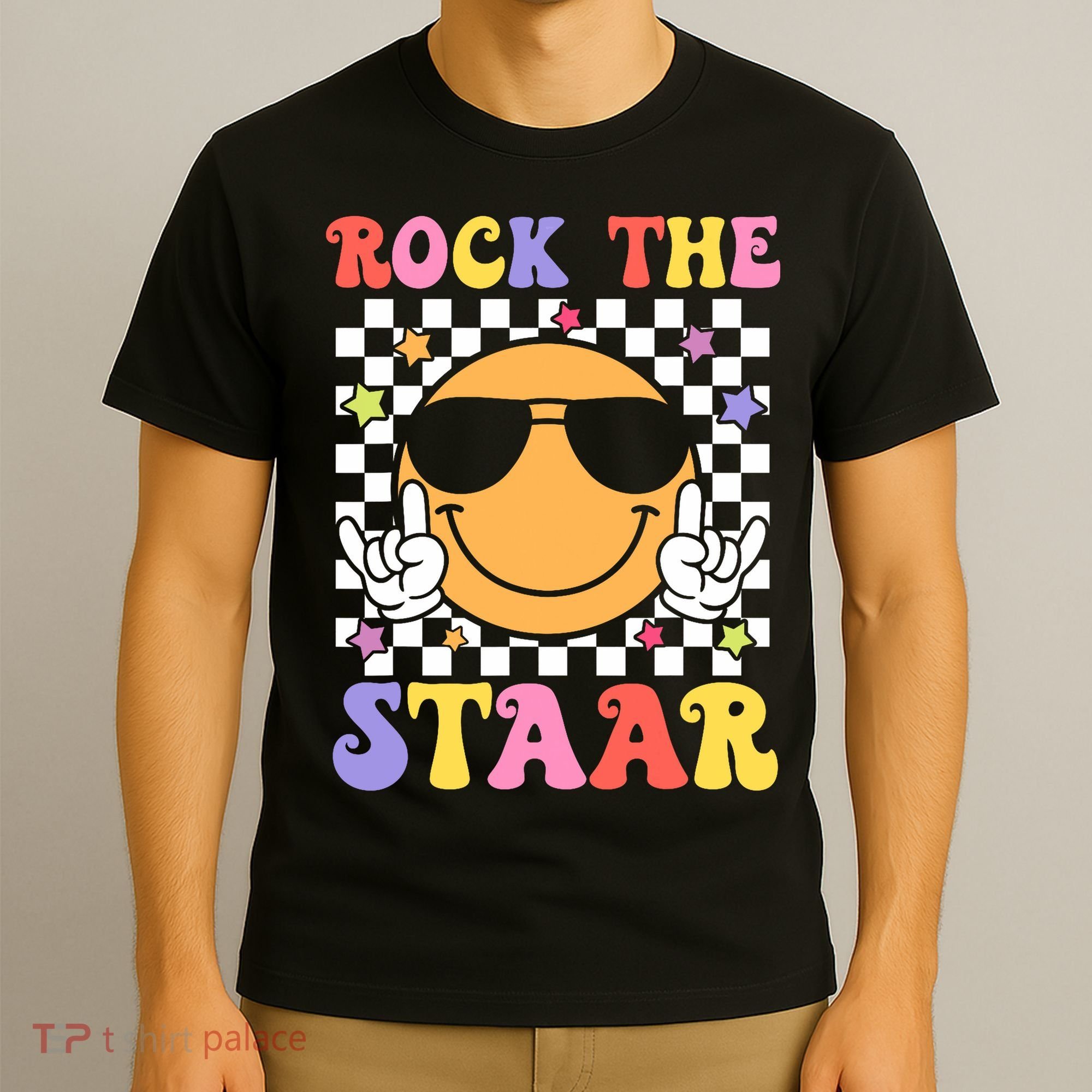 Rock The Staar Test Testing Day Smile Face Groovy Teacher  T-Shirt
