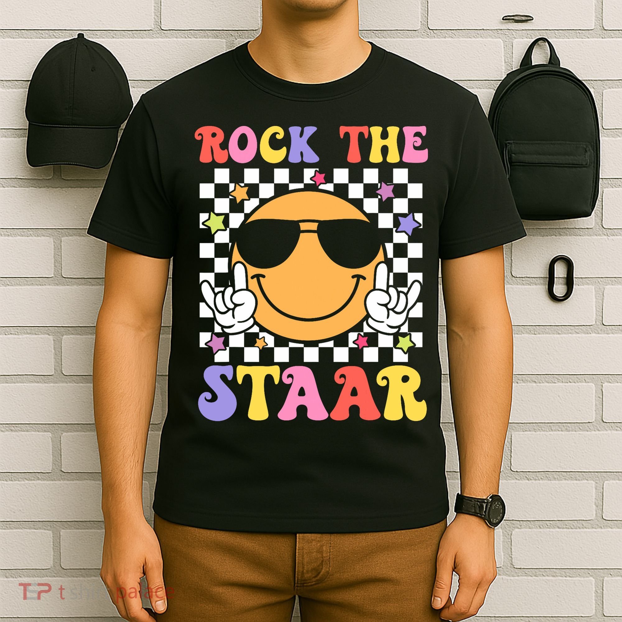Rock The Staar Test Testing Day Smile Face Groovy Teacher  T-Shirt