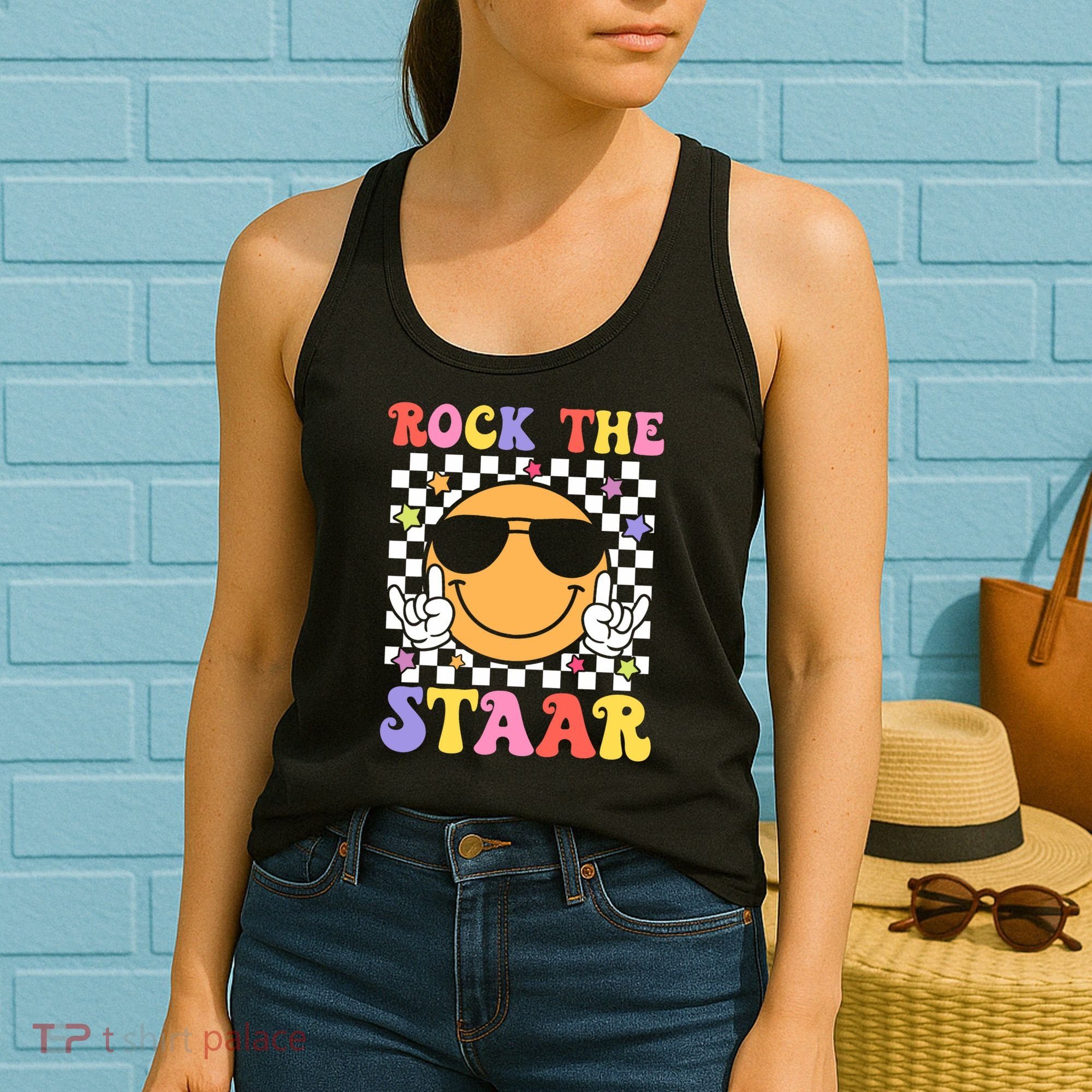 Rock The Staar Test Testing Day Smile Face Groovy Teacher  Women's Tank Top
