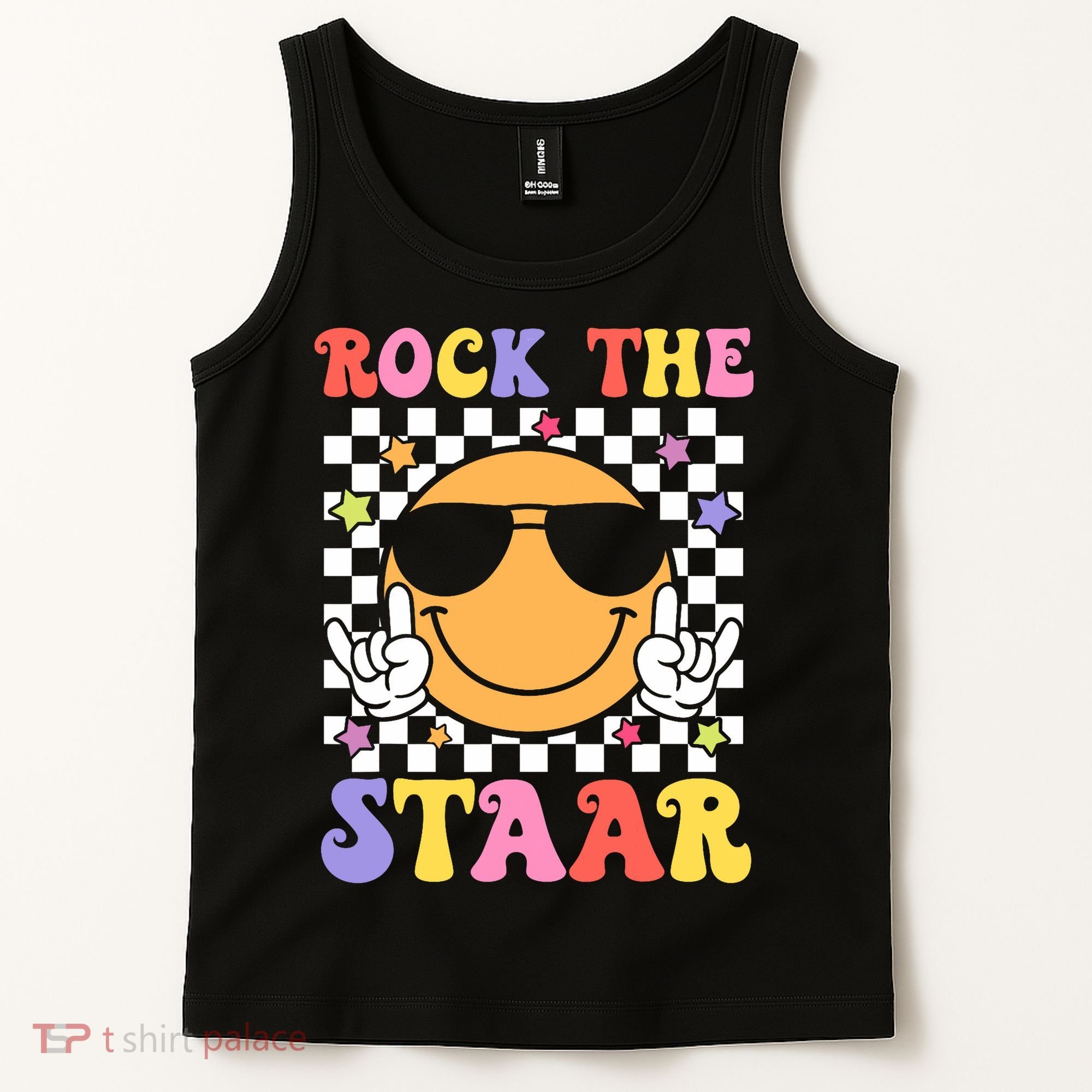 Rock The Staar Test Testing Day Smile Face Groovy Teacher  Tank Top