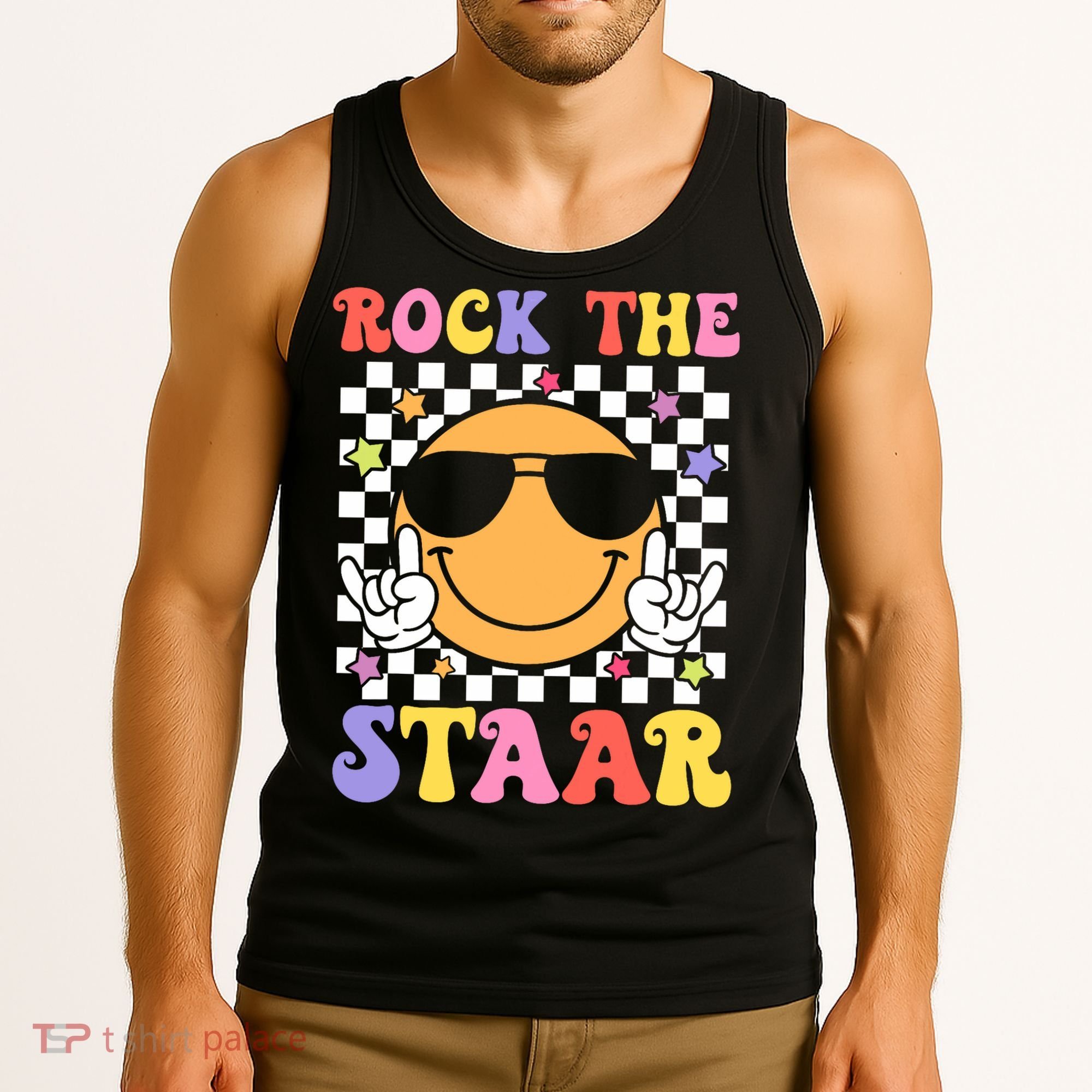 Rock The Staar Test Testing Day Smile Face Groovy Teacher  Tank Top