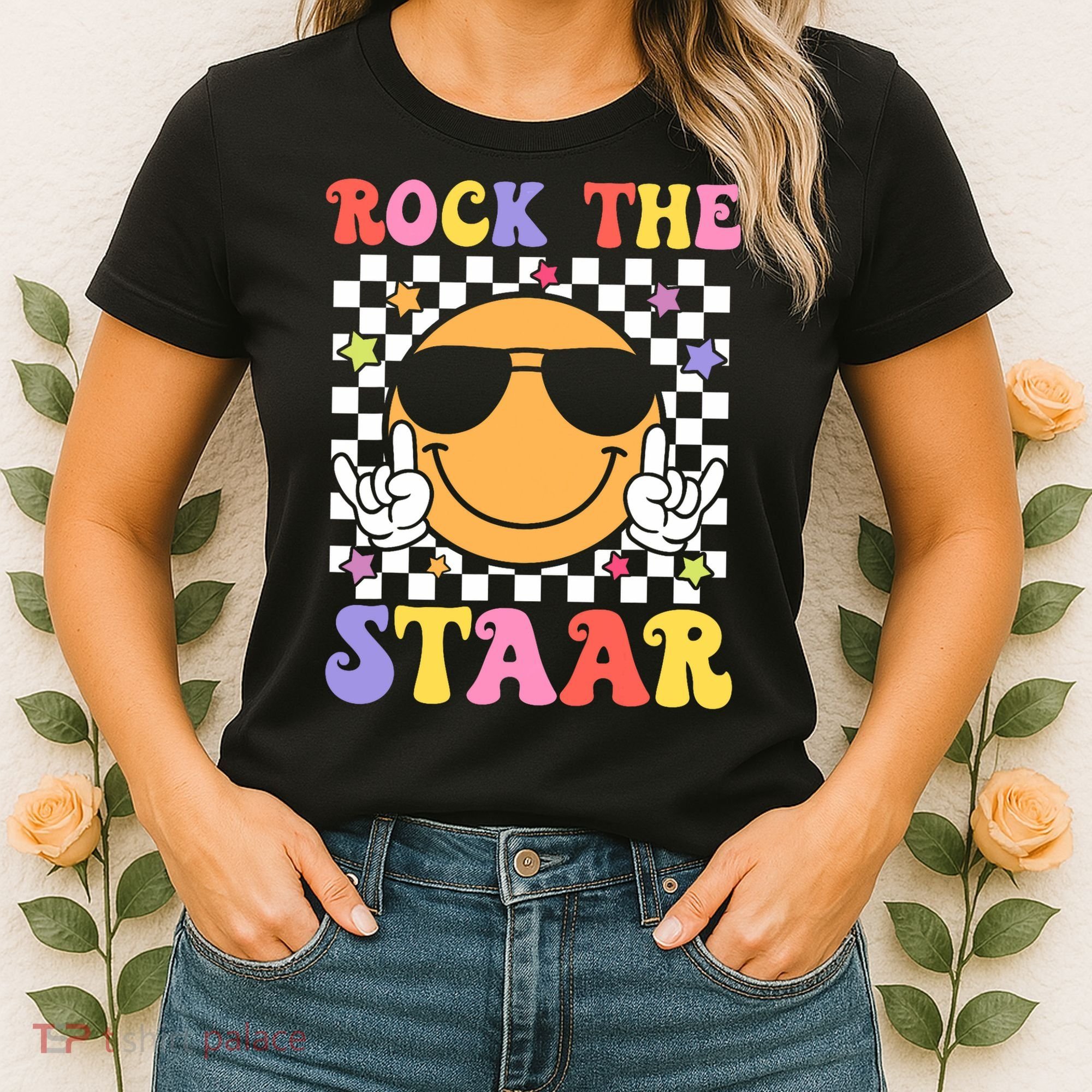 Rock The Staar Test Testing Day Smile Face Groovy Teacher  Women's T-Shirt