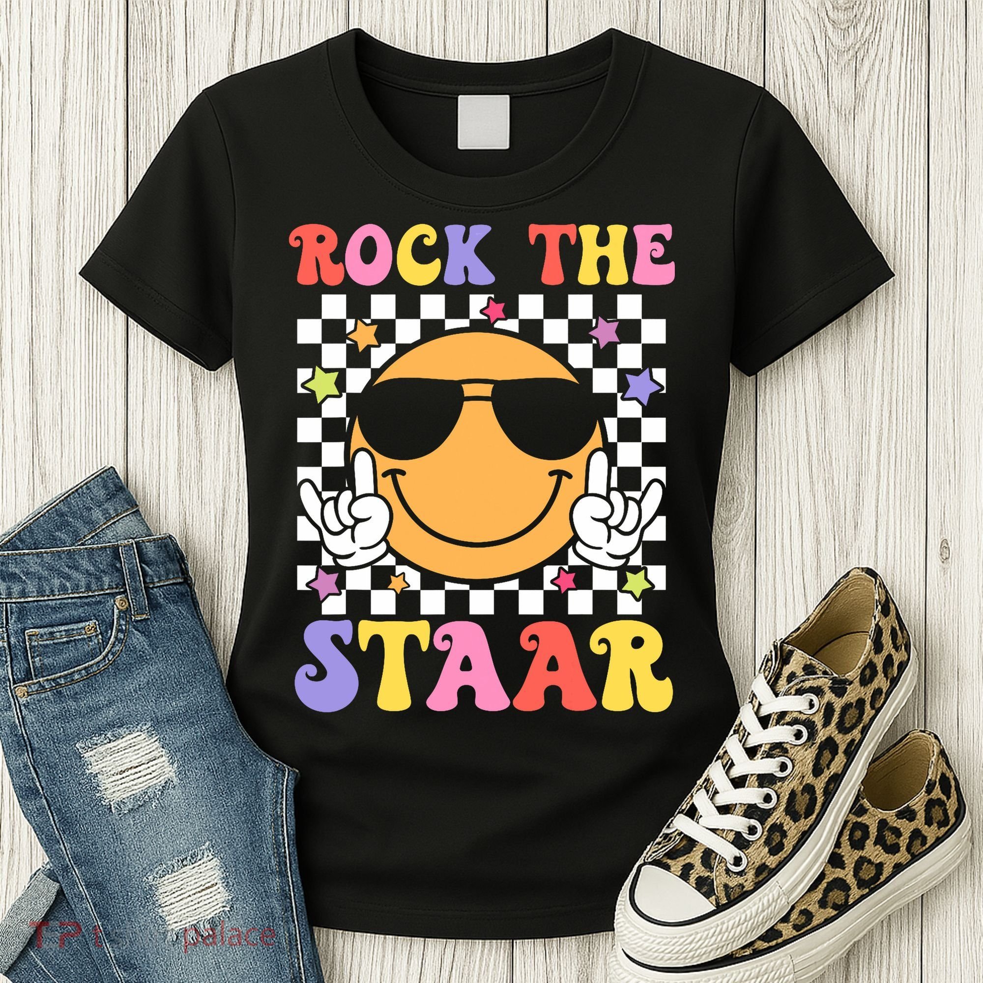 Rock The Staar Test Testing Day Smile Face Groovy Teacher  Women's T-Shirt