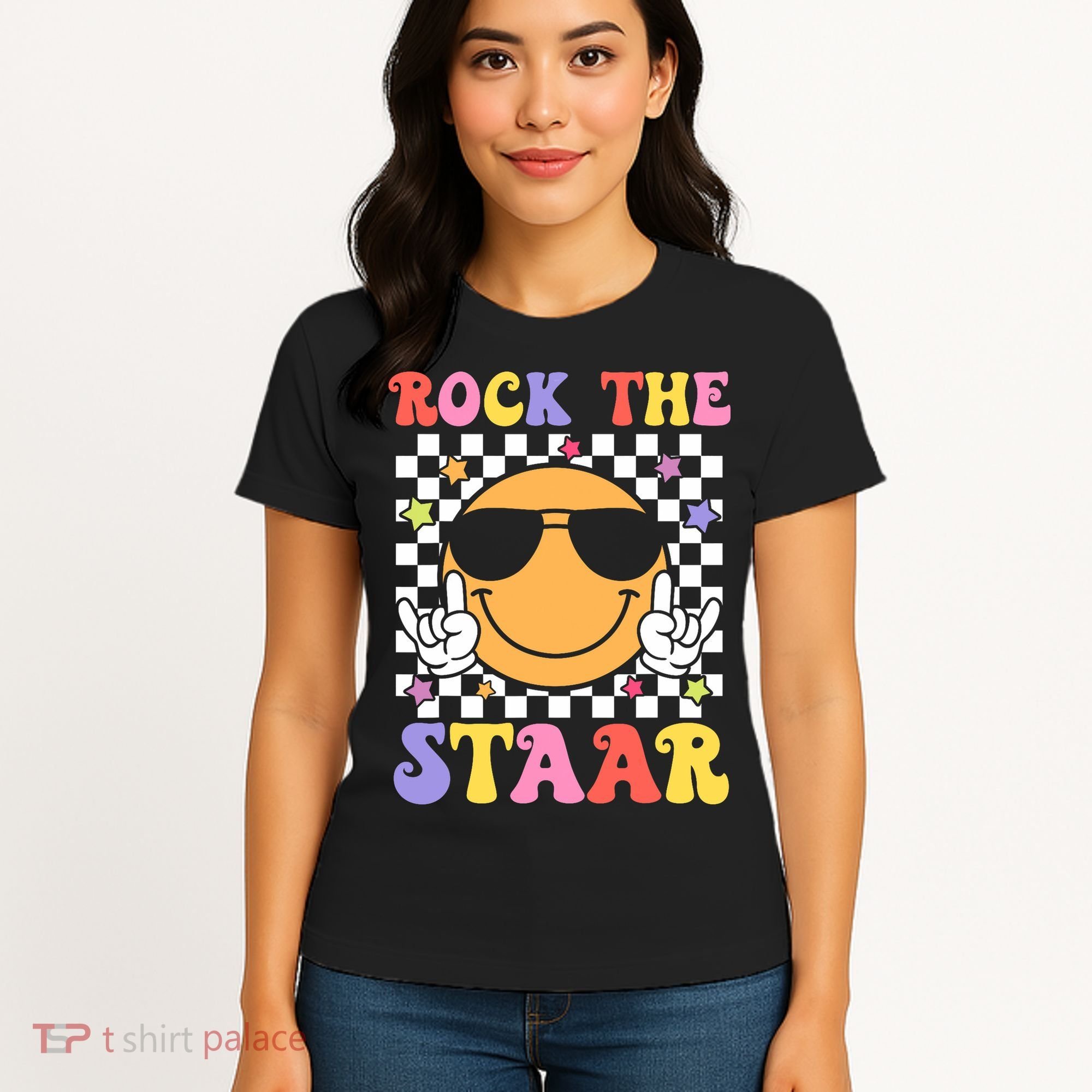 Rock The Staar Test Testing Day Smile Face Groovy Teacher  Women's T-Shirt