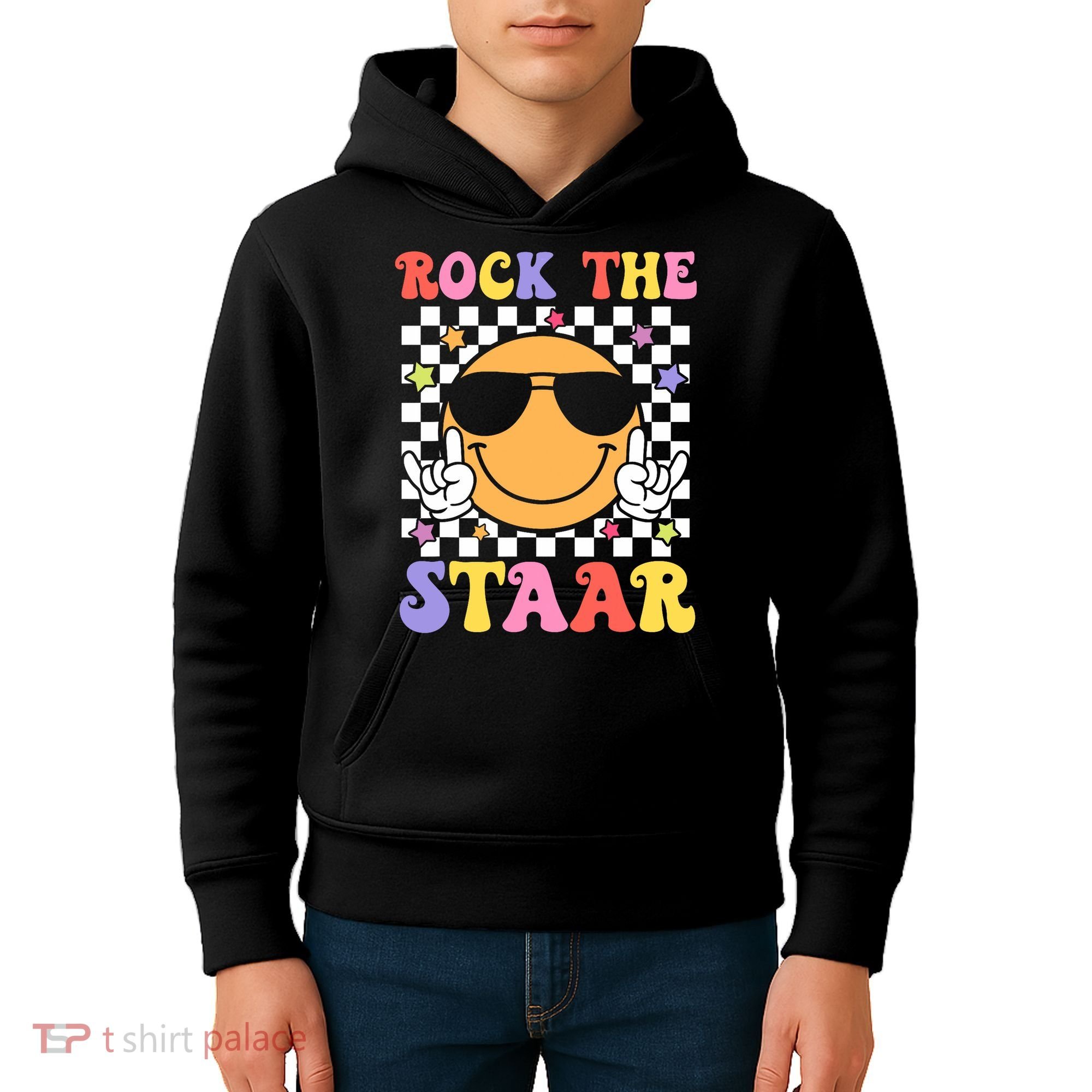 Rock The Staar Test Testing Day Smile Face Groovy Teacher  Kids Hoodie