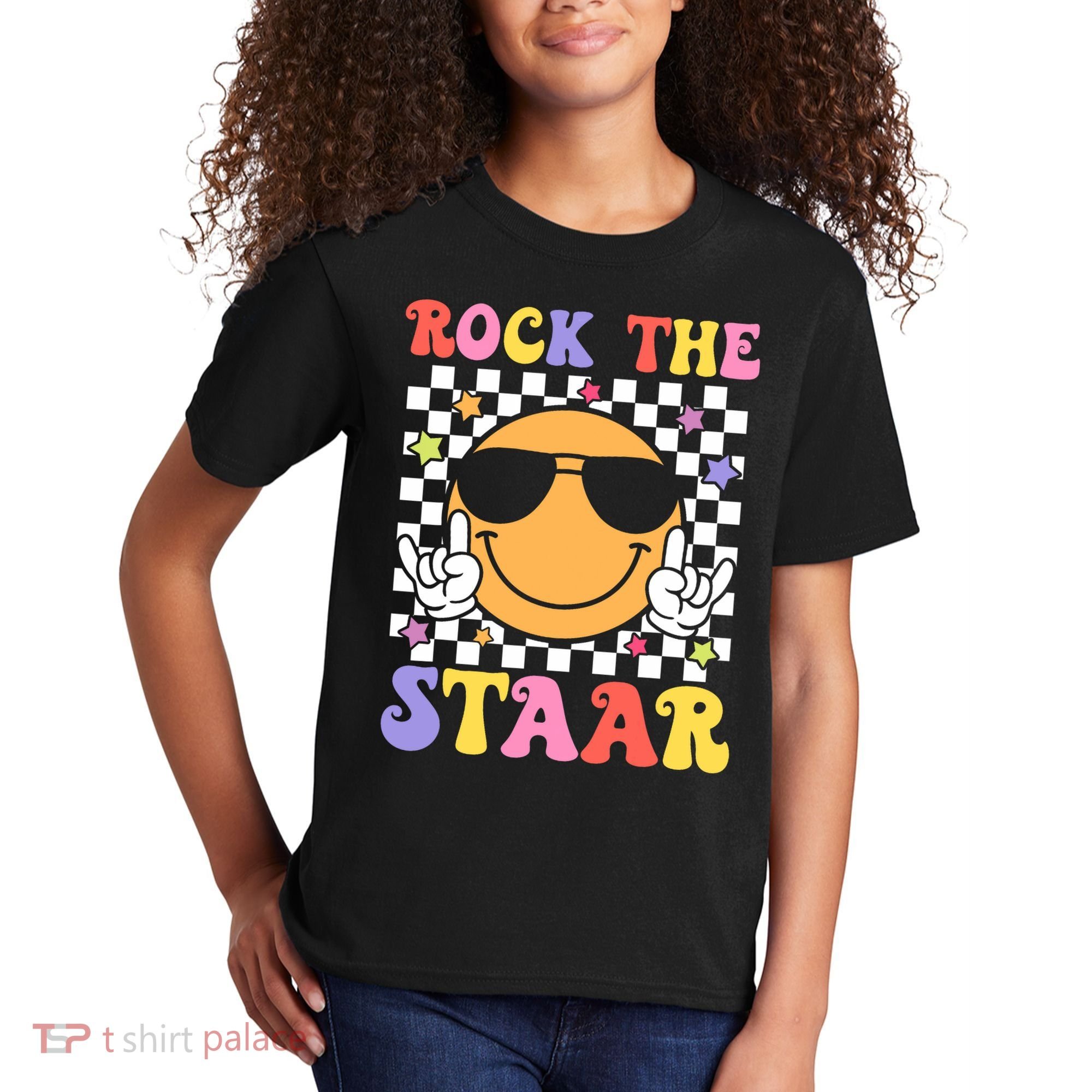 Rock The Staar Test Testing Day Smile Face Groovy Teacher  Kids T-Shirt