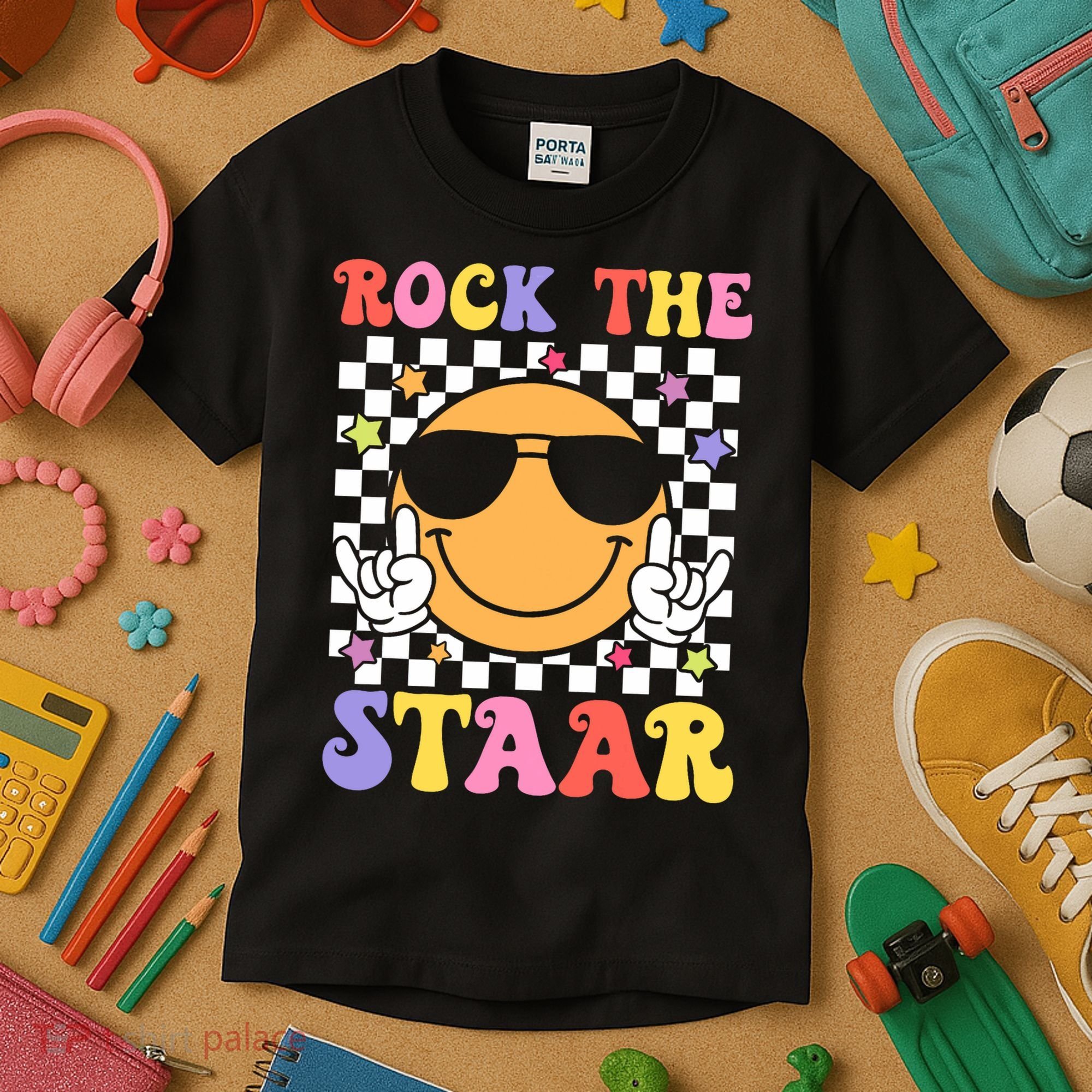 Rock The Staar Test Testing Day Smile Face Groovy Teacher  Kids T-Shirt