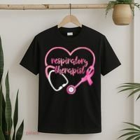 Respiratory Therapist Stethoscope Pink Ribbon Breast Cancer T-Shirt thumb 2