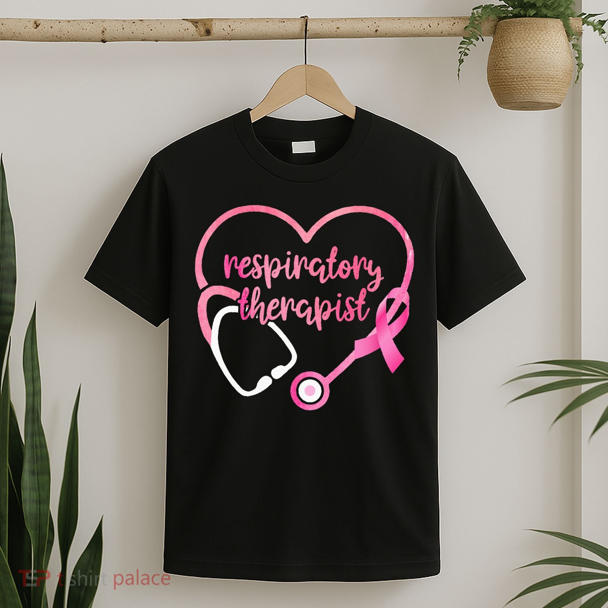 Respiratory Therapist Stethoscope Pink Ribbon Breast Cancer T-Shirt