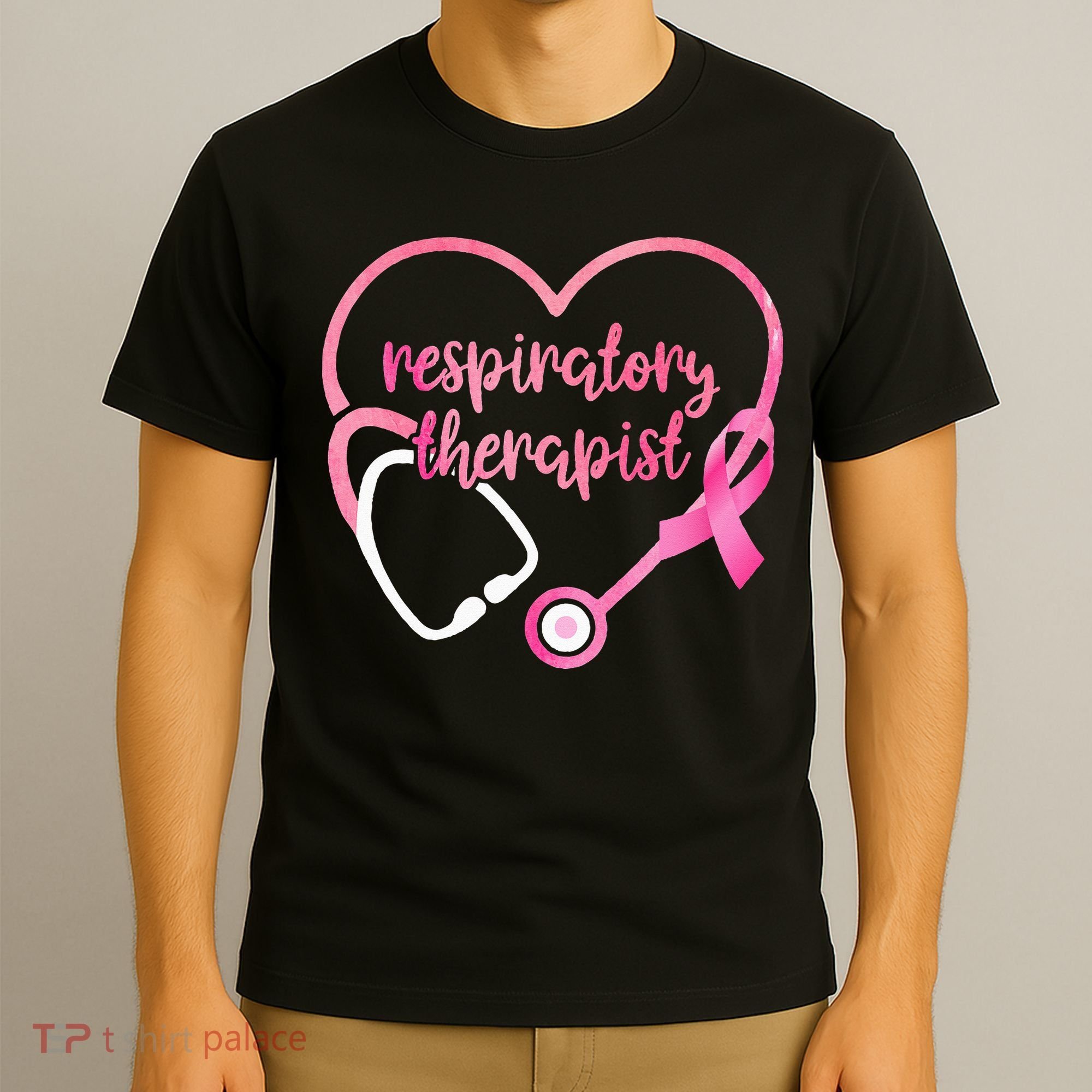 Respiratory Therapist Stethoscope Pink Ribbon Breast Cancer T-Shirt