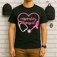 Respiratory Therapist Stethoscope Pink Ribbon Breast Cancer T-Shirt thumb 6