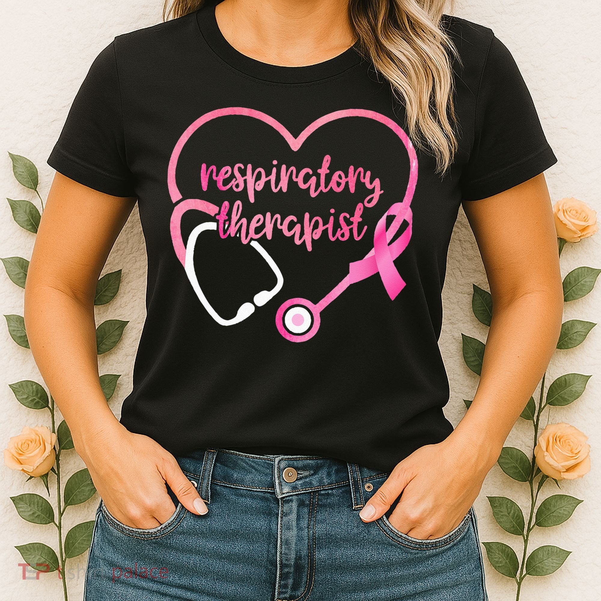 Respiratory Therapist Stethoscope Pink Ribbon Breast Cancer Women's T-Shirt