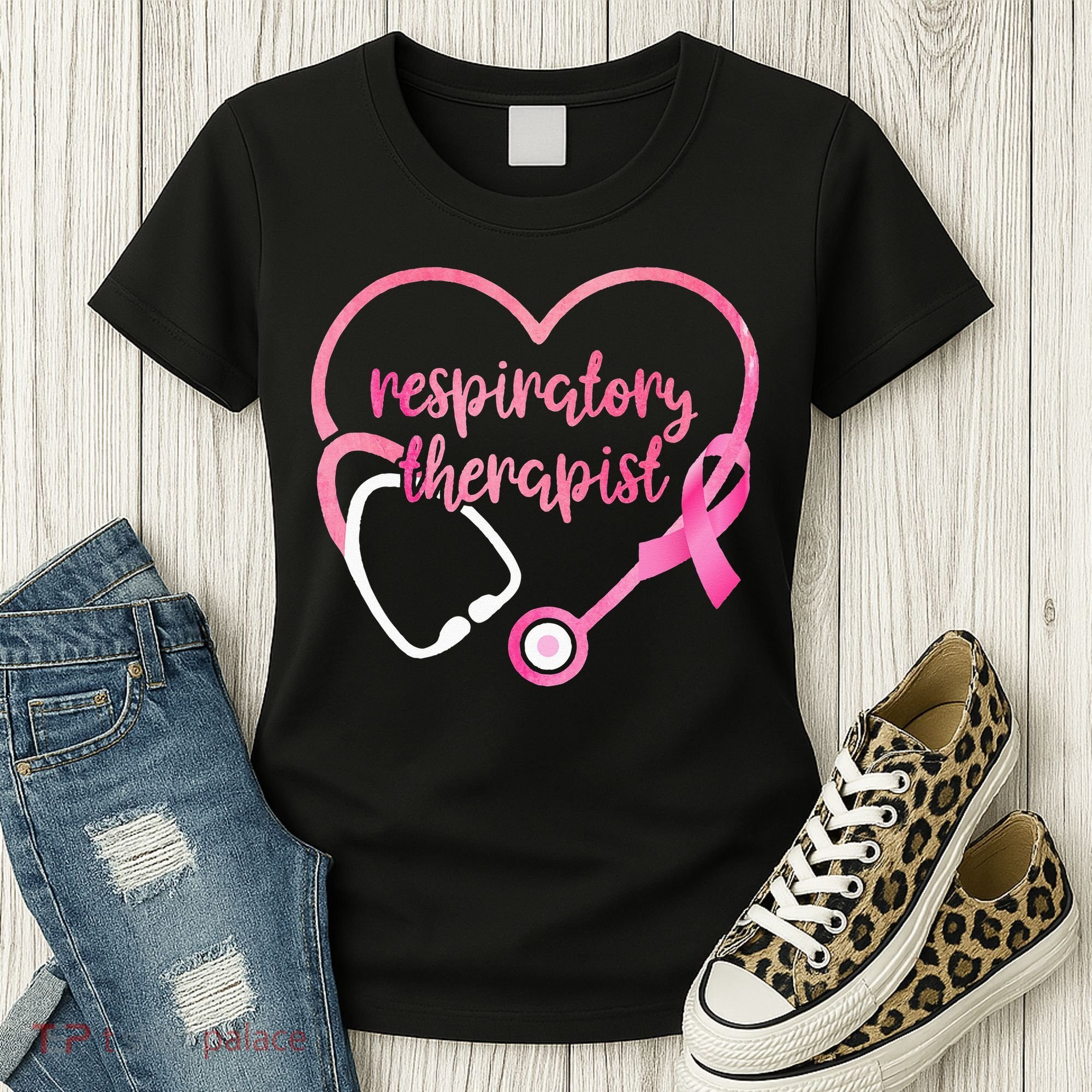 Respiratory Therapist Stethoscope Pink Ribbon Breast Cancer Women's T-Shirt